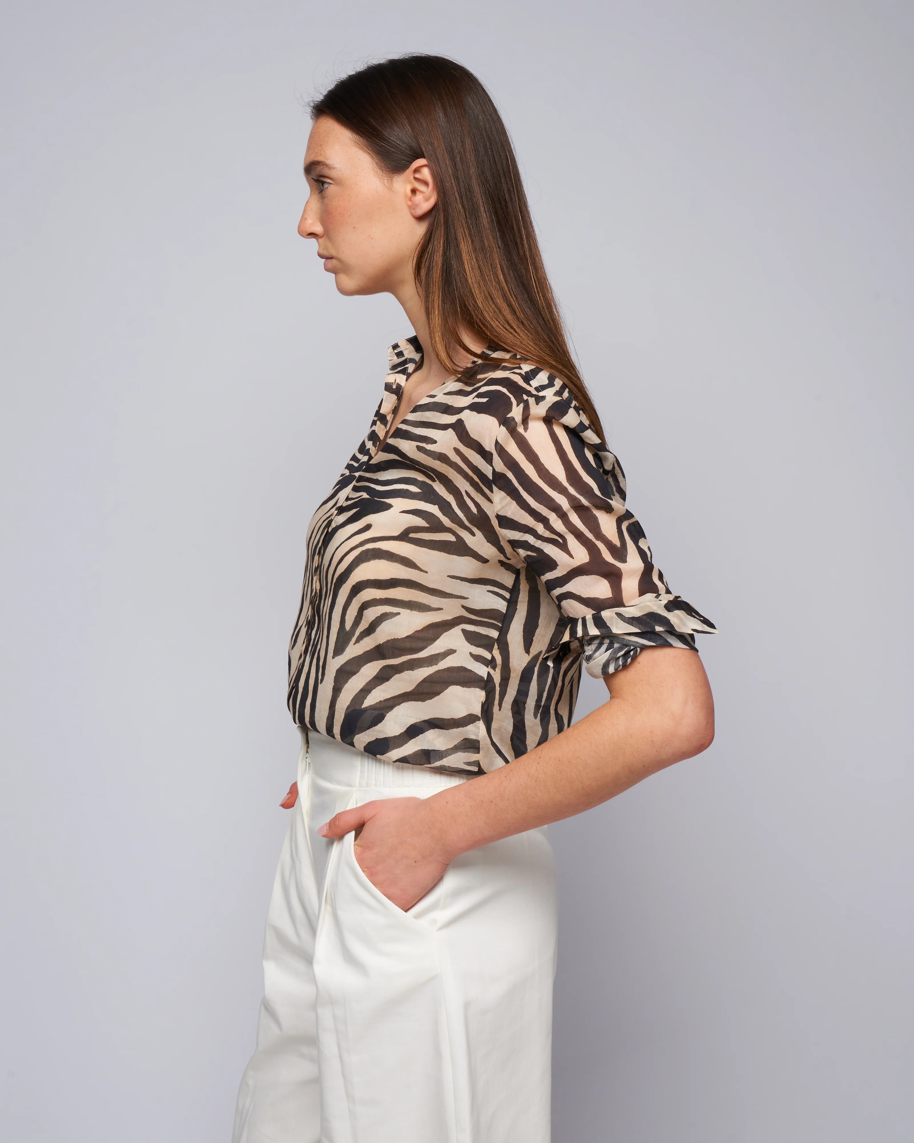 wild roses print voile grandfather shirt - noir - Image 3