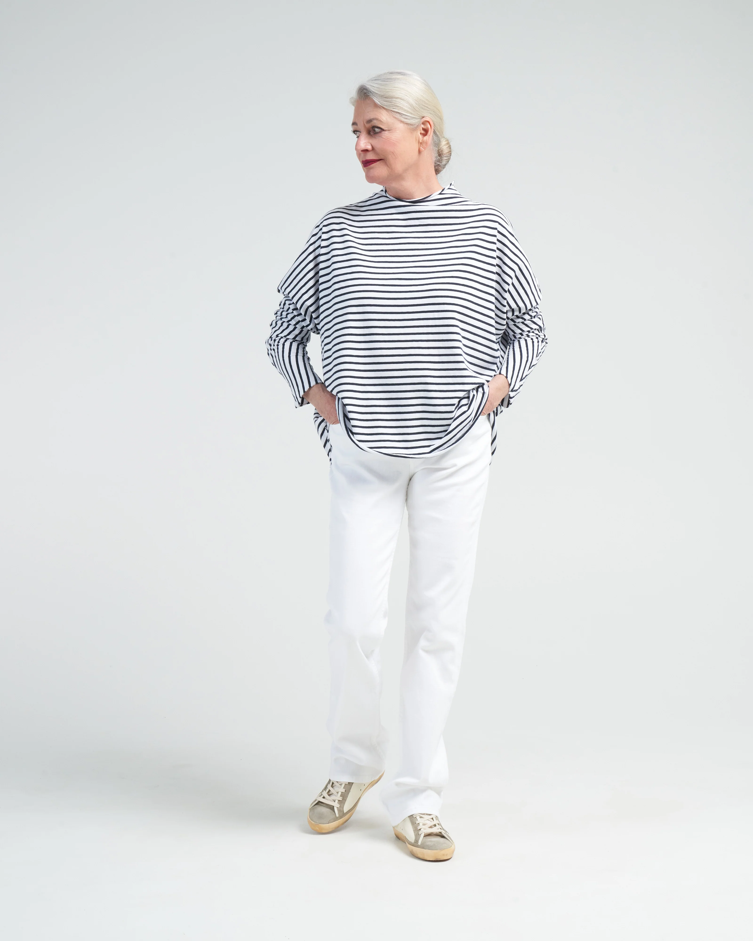 effie long sleeve funnel neck capelet - white/british royal navy stripe - Image 2