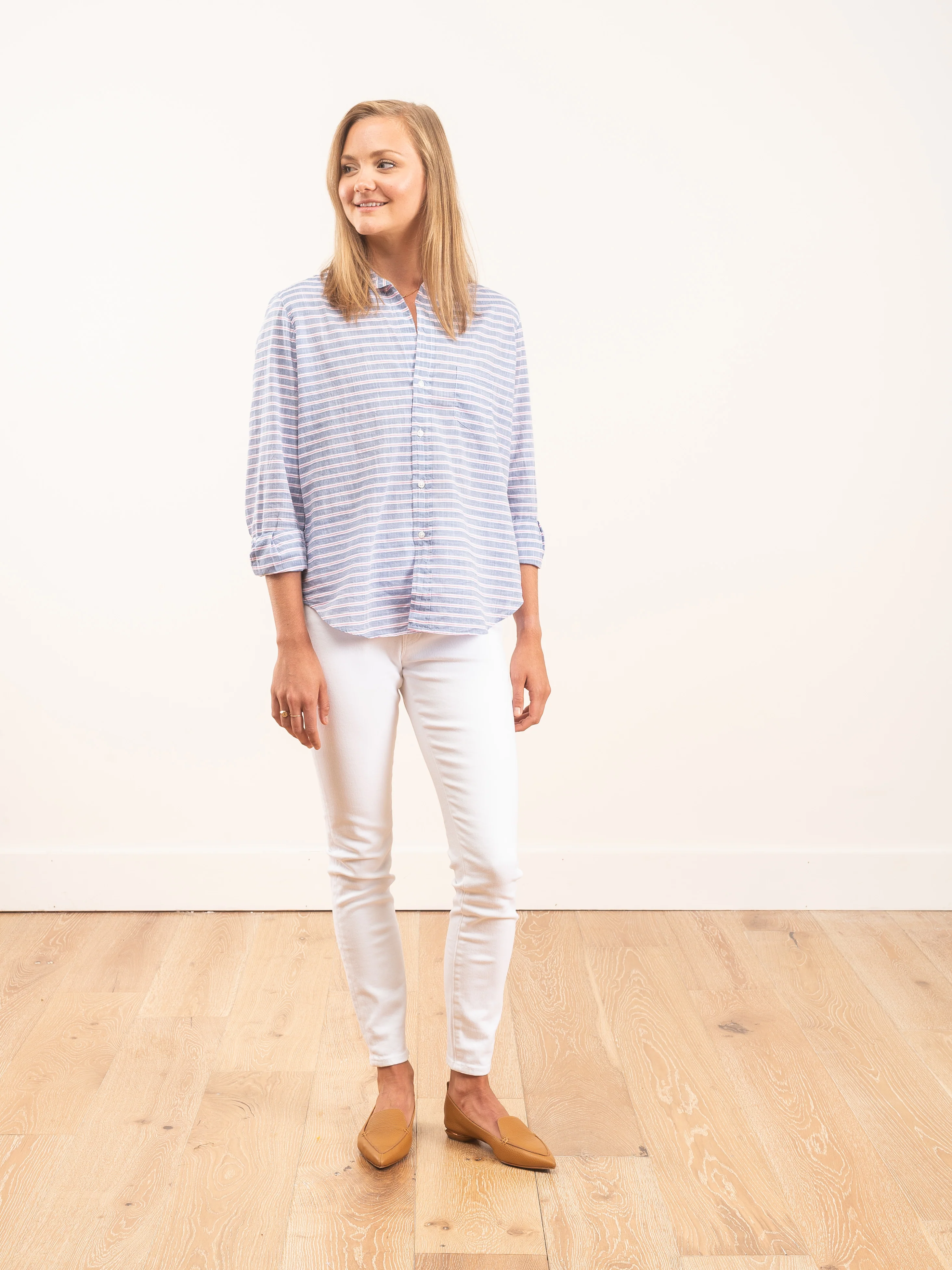 eileen l/s button down - blue w/ pink and white horizontal stripe - Image 2
