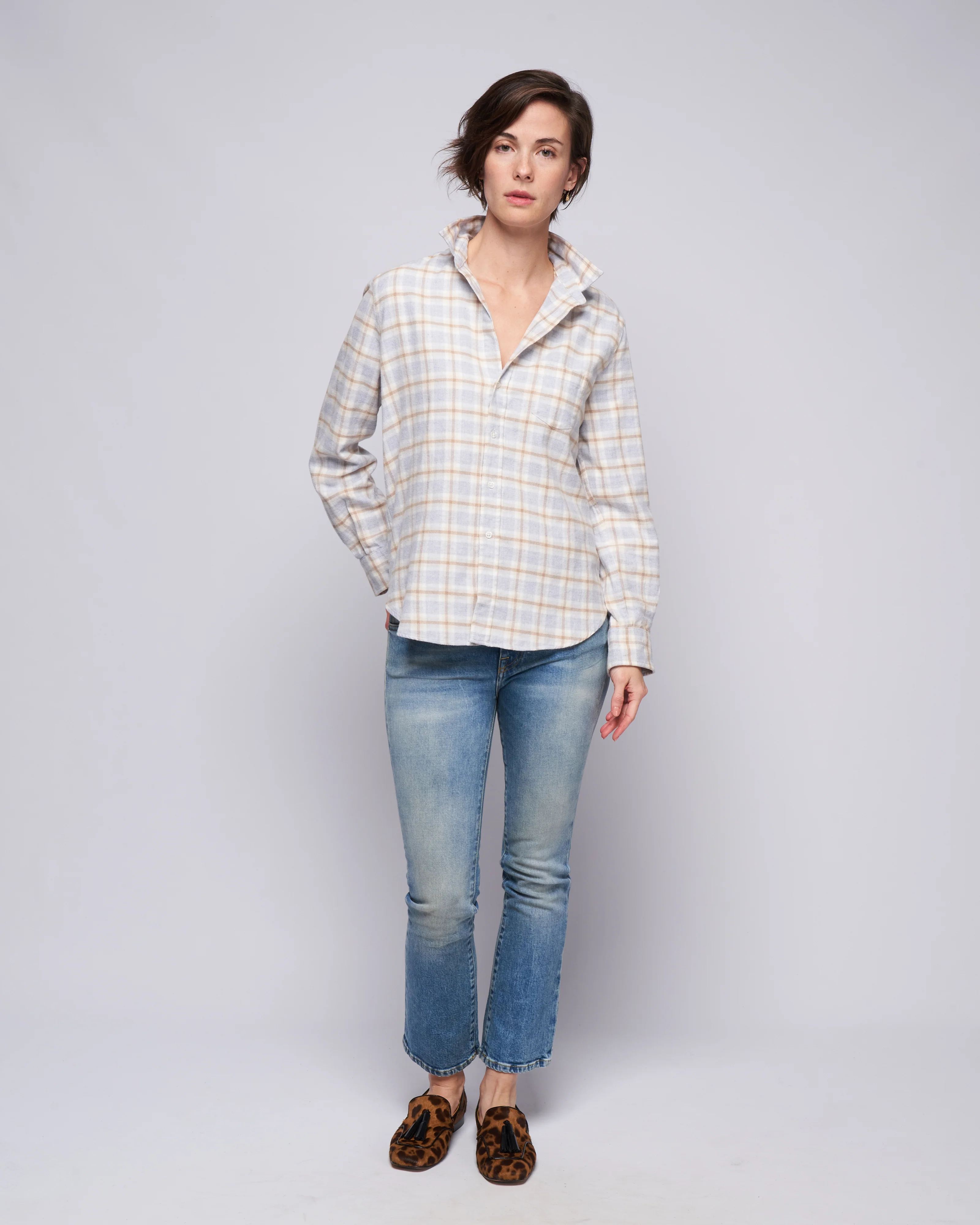 eileen relaxed button-up shirt - grey, tan, white plaid - Image 5
