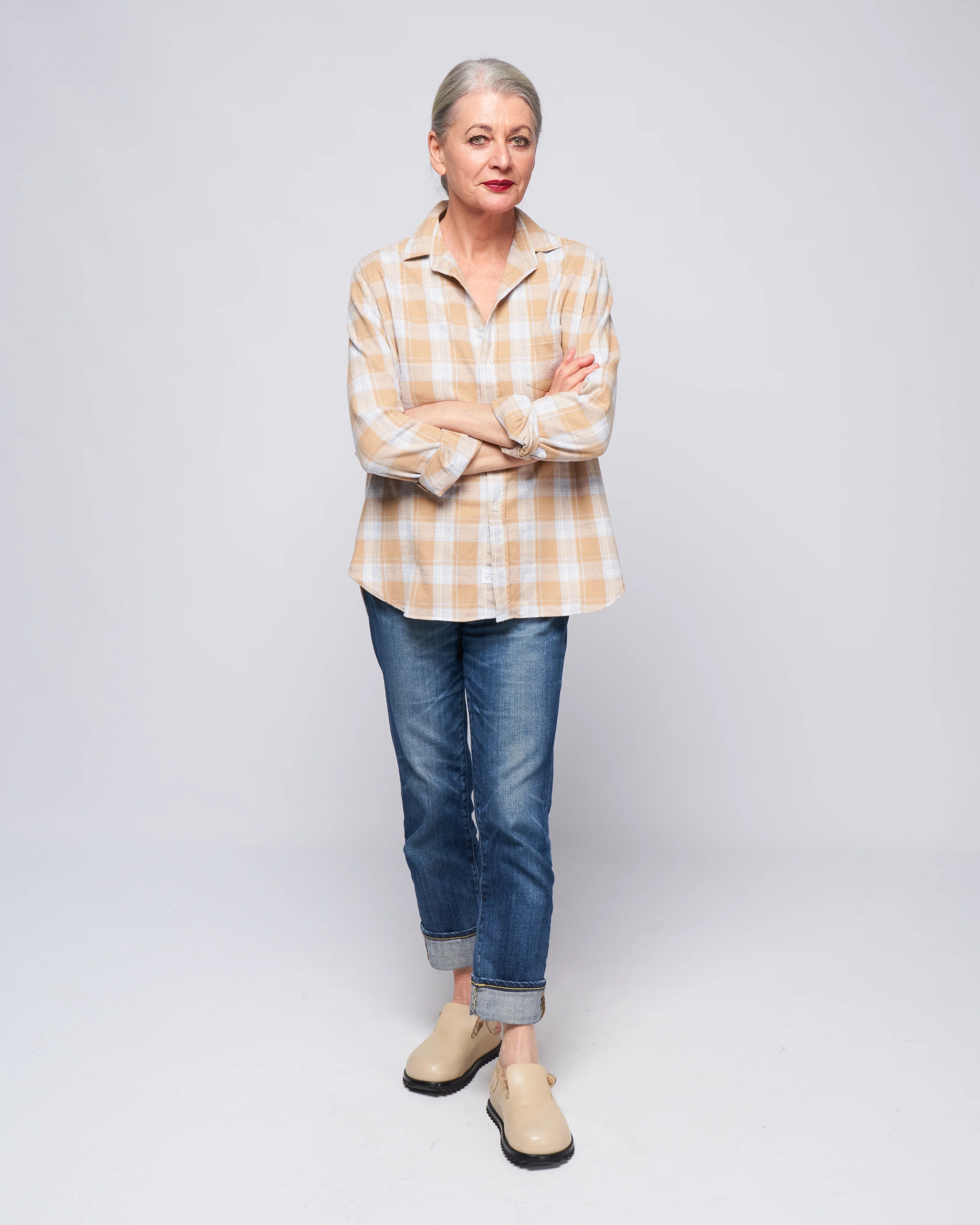eileen woven button up - camel, grey plaid - Image 2