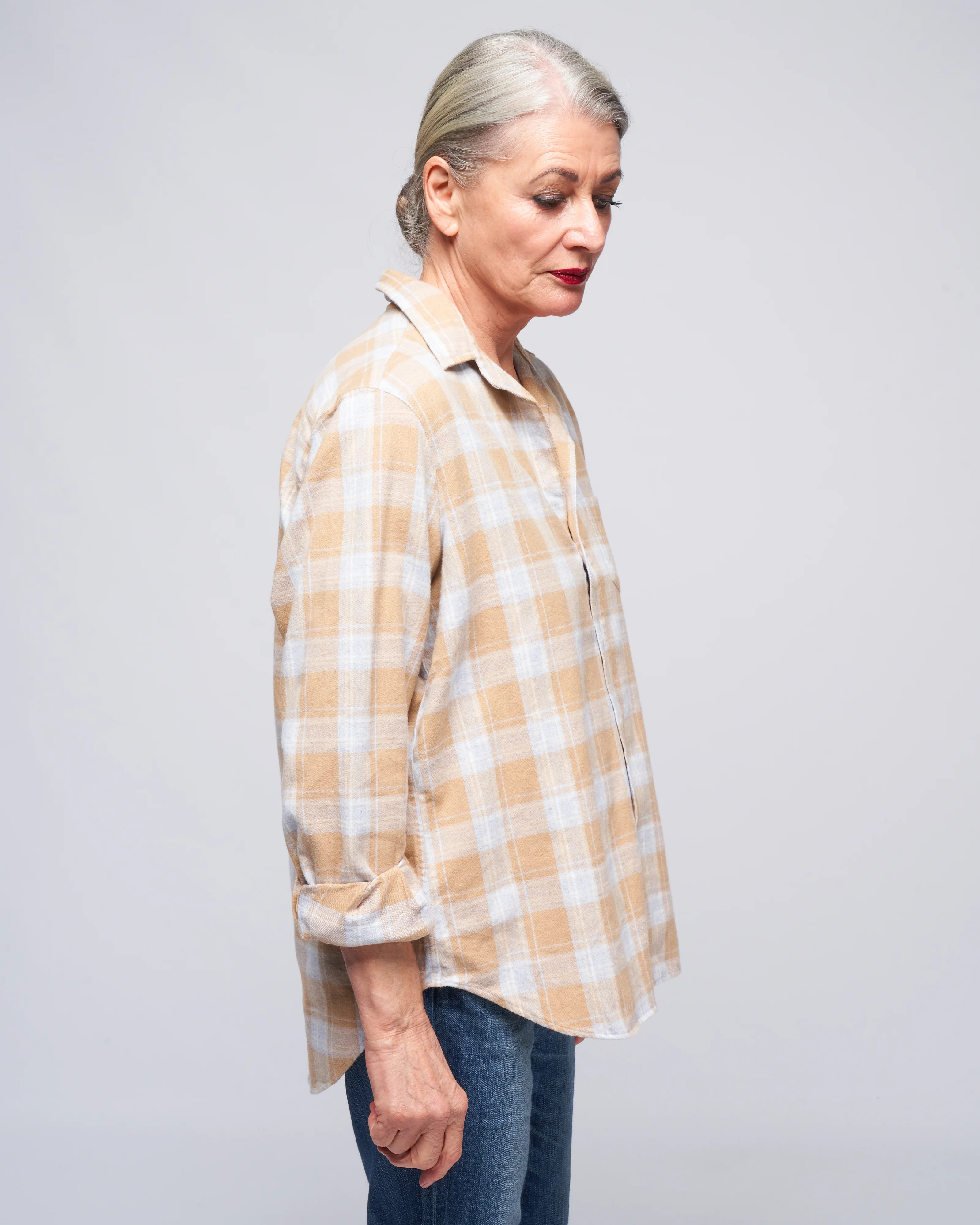 eileen woven button up - camel, grey plaid - Image 3