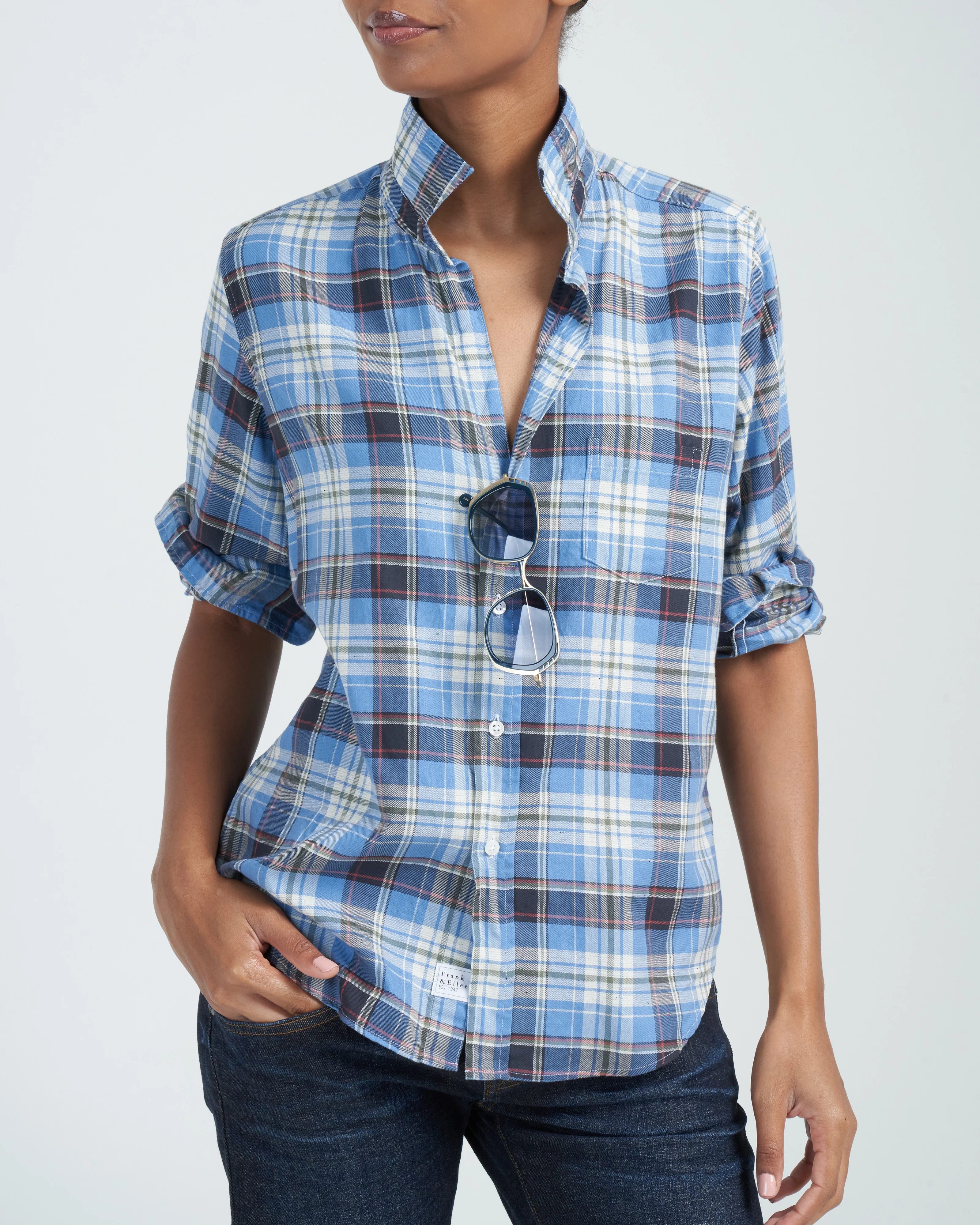barry tailored button up shirt - slate, green, orange plaid - Image 5