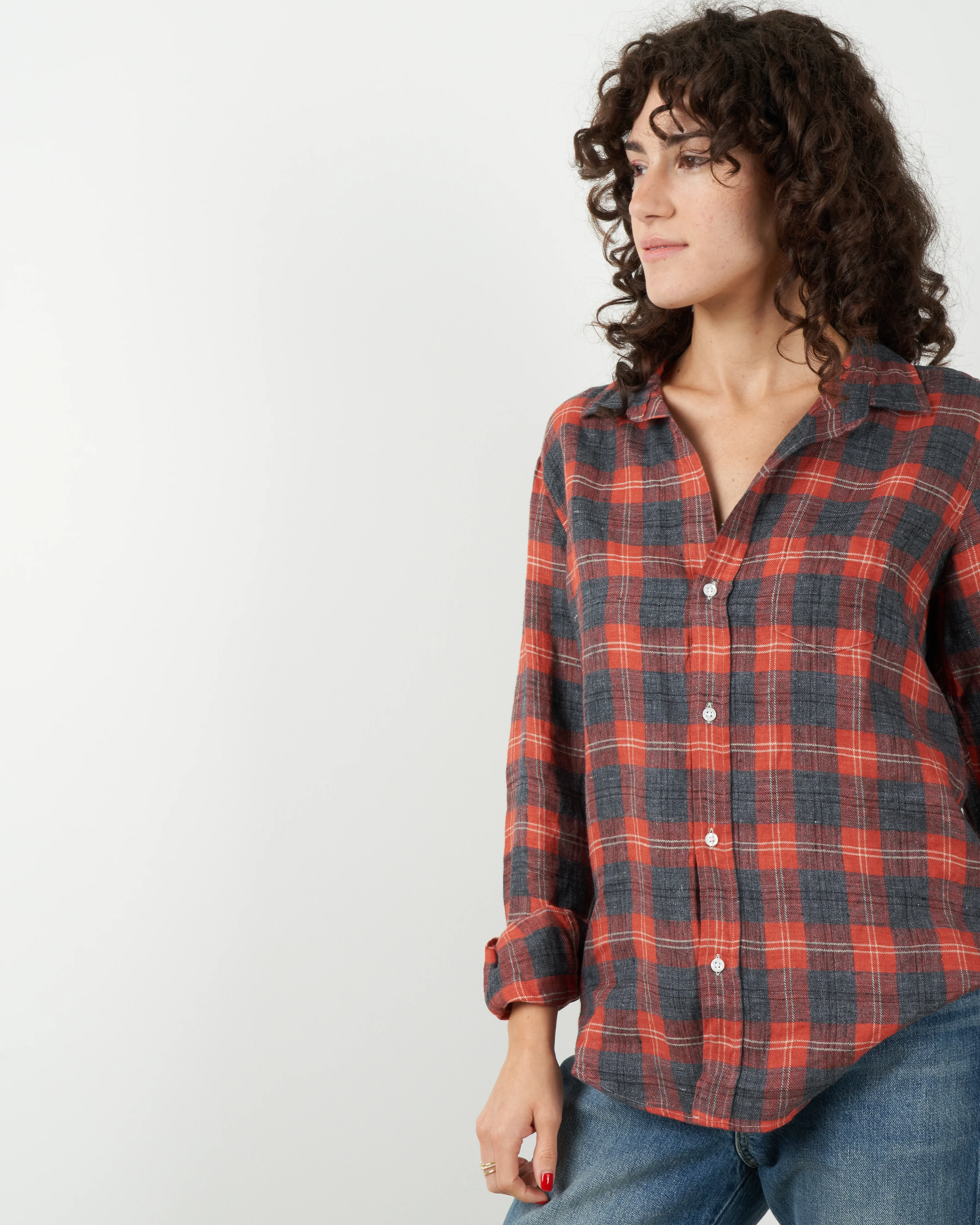 barry linen flannel button down - salmon & grey plaid - Image 2