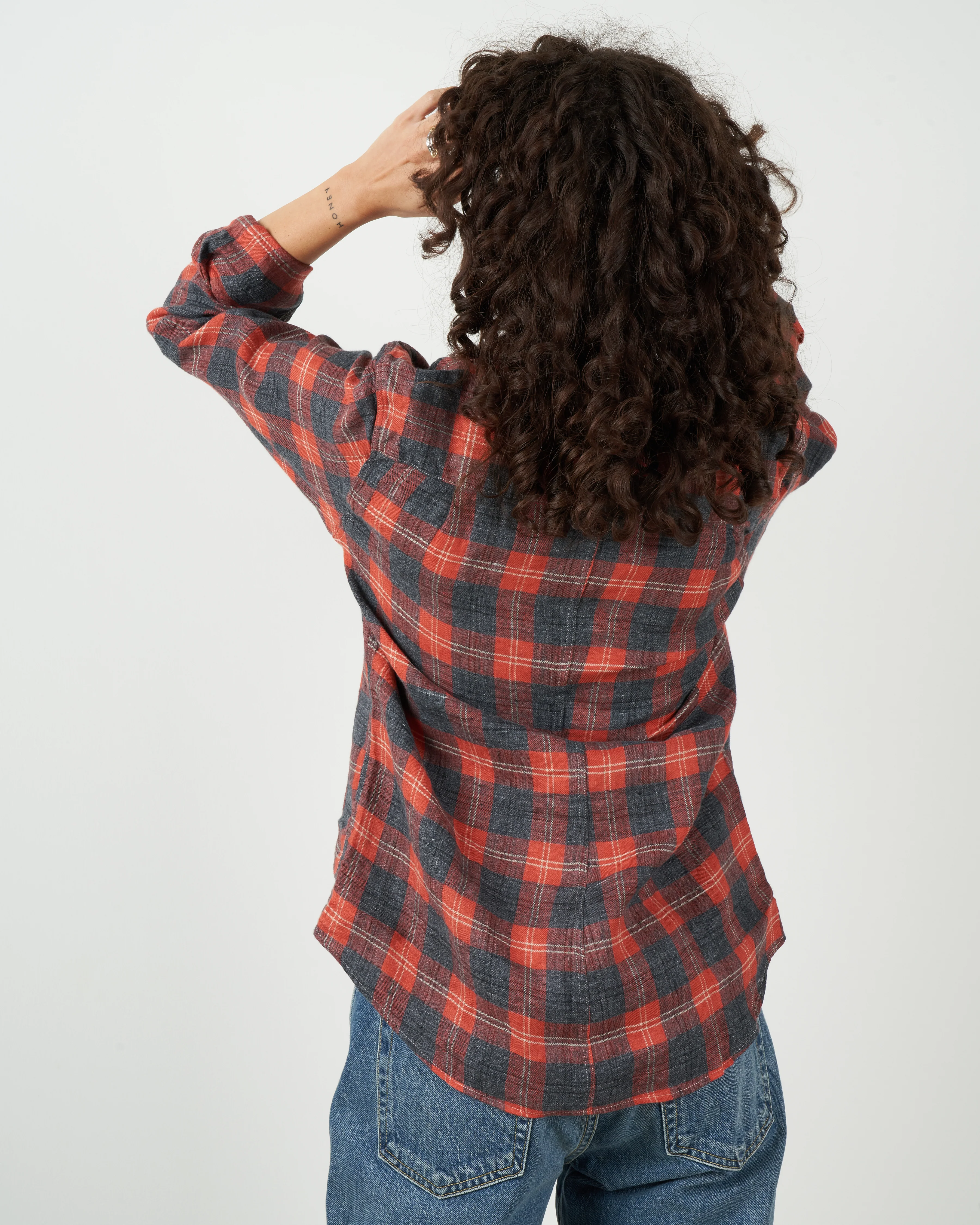 barry linen flannel button down - salmon & grey plaid - Image 3