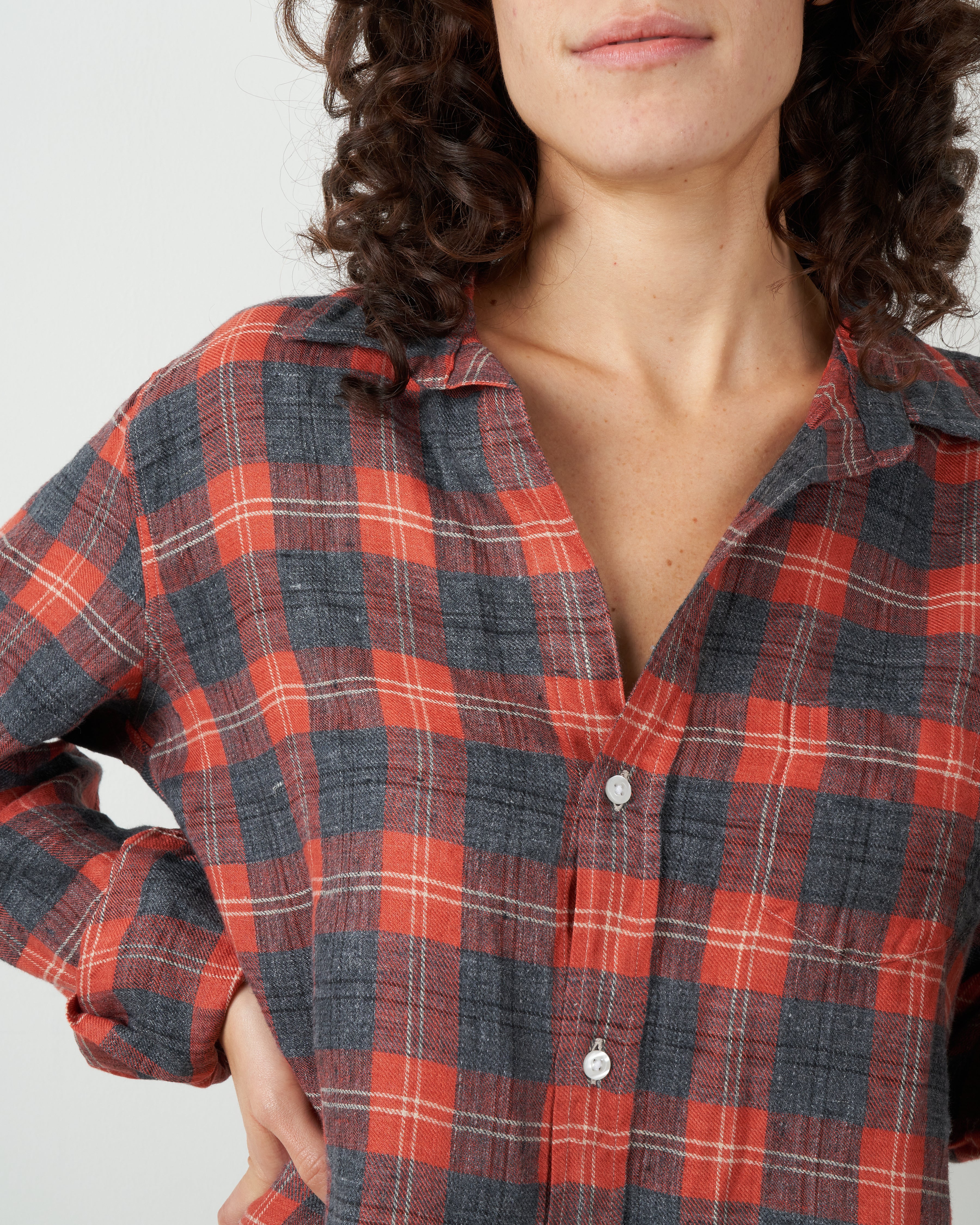 barry linen flannel button down - salmon & grey plaid - Image 4