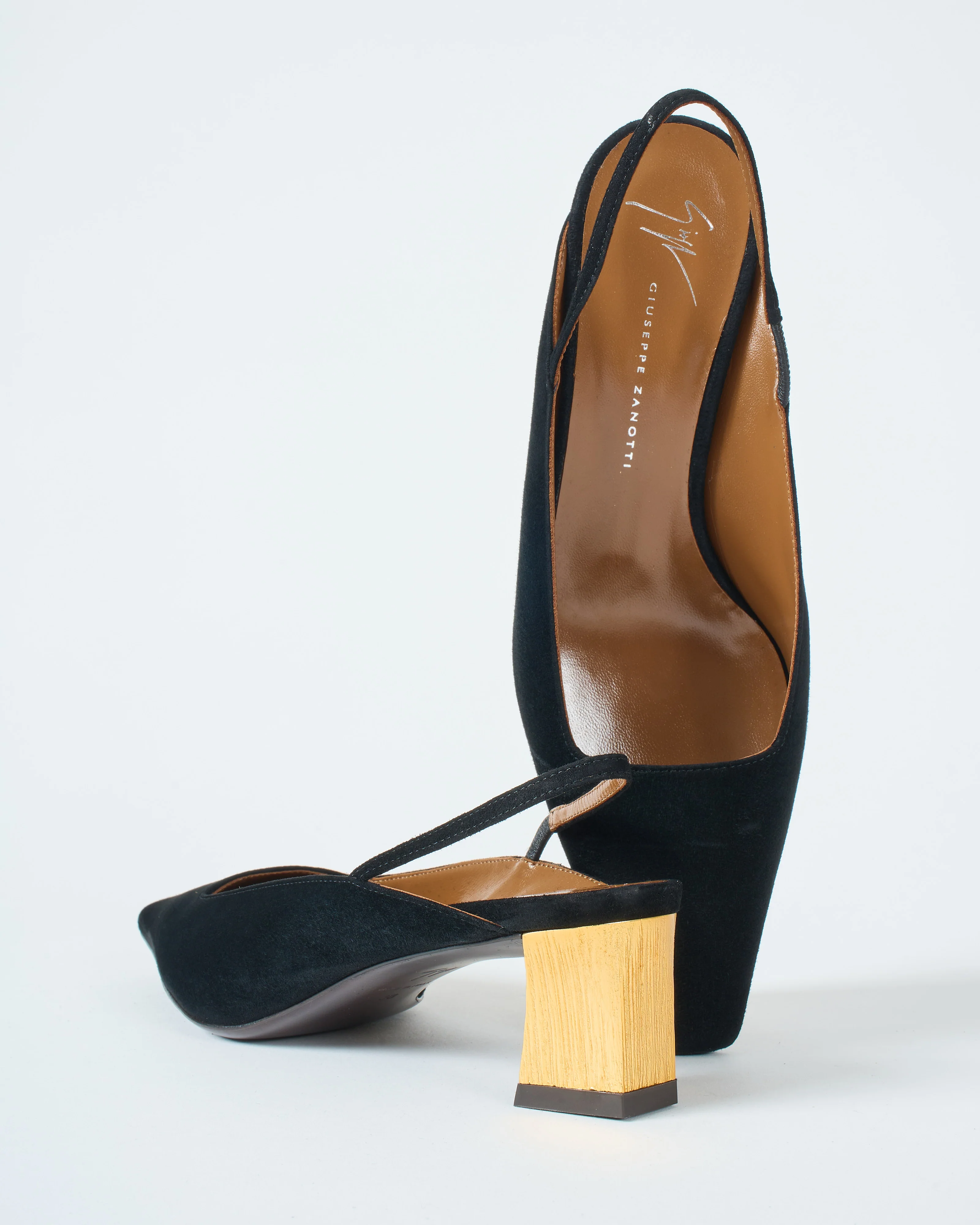black suede gold heel sling back - Image 3