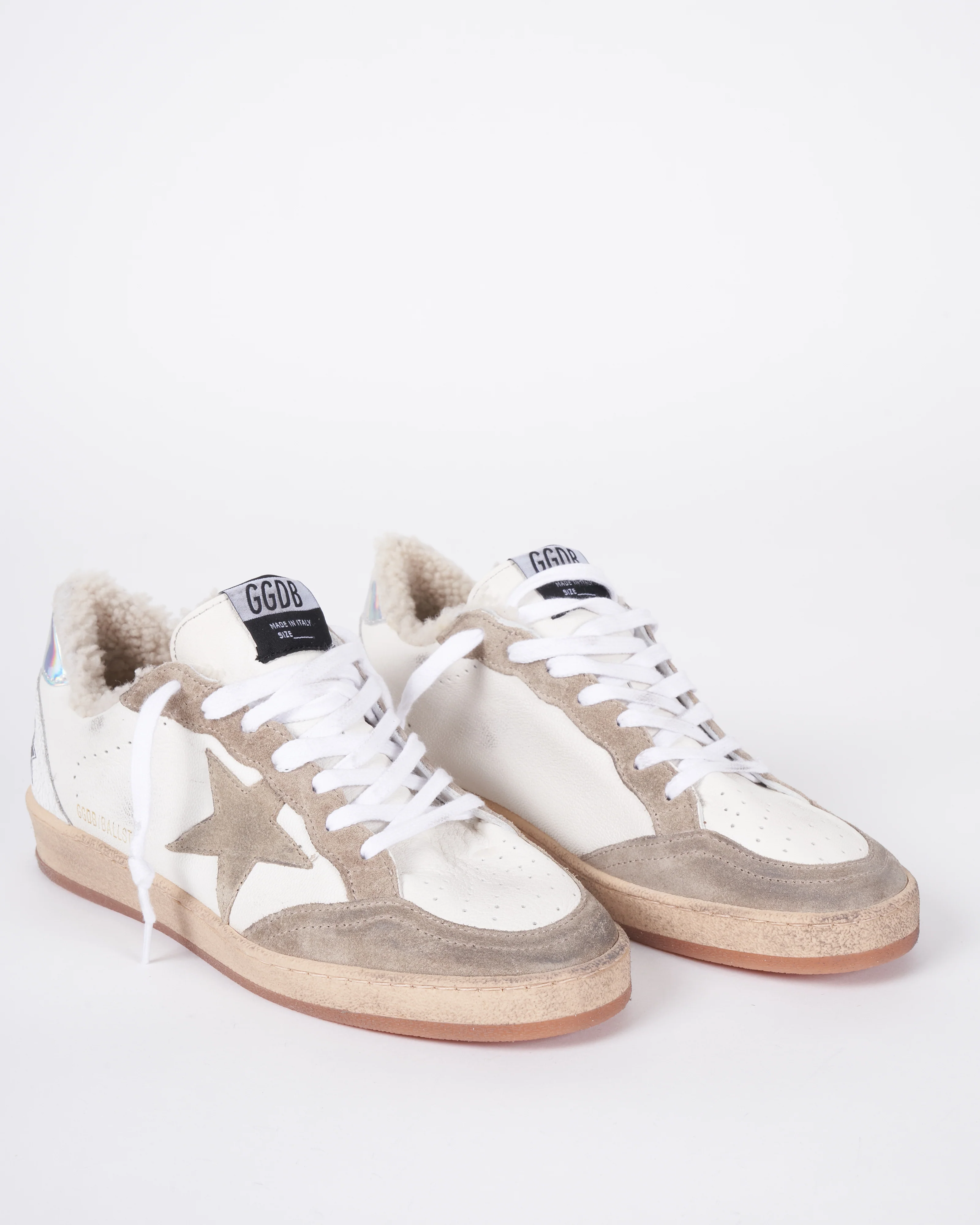 ball star suede toe and star nappa upper crack leather spur shearling lining - white/taupe/silver 10876