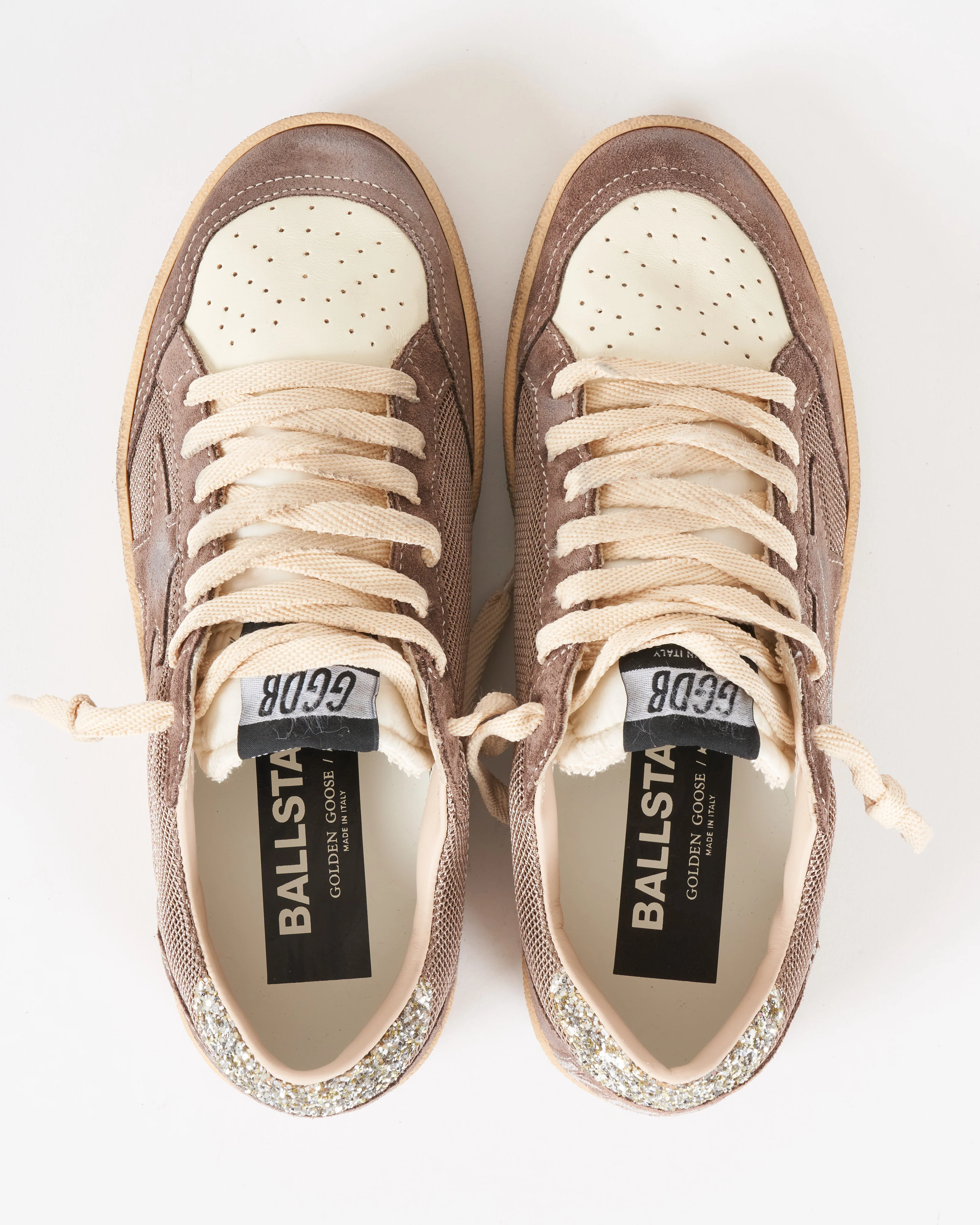 ballstar net upper with suede toe star glitter heel - beige/white ecru/brown/platinum - Image 3