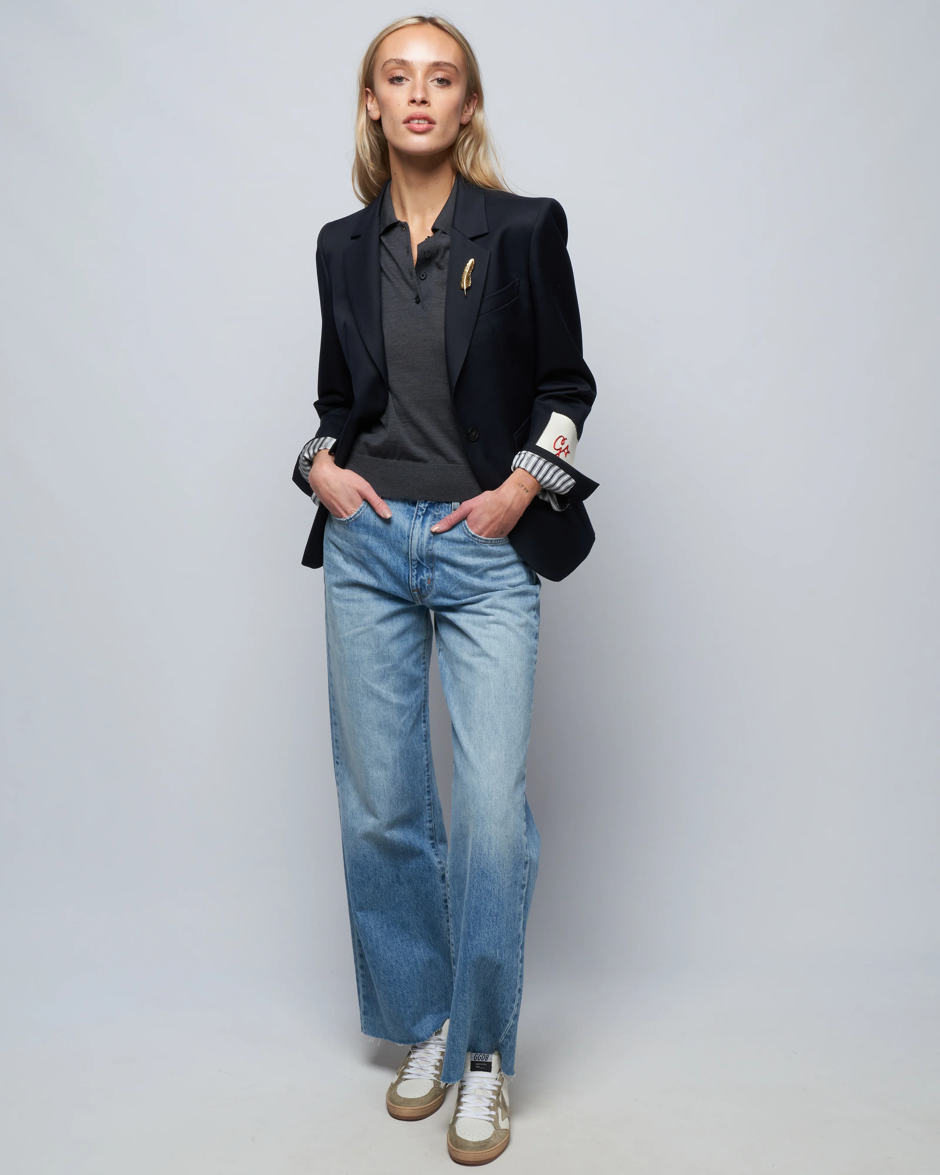 golden single breasted blazer - dark blue - Image 2