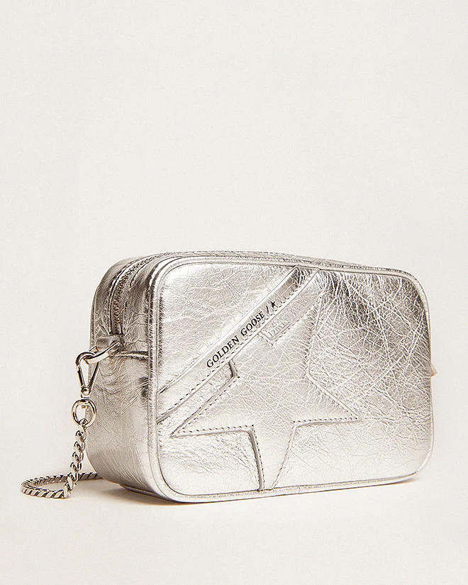mini star bag in wrinkled laminated leather - silver - Image 3