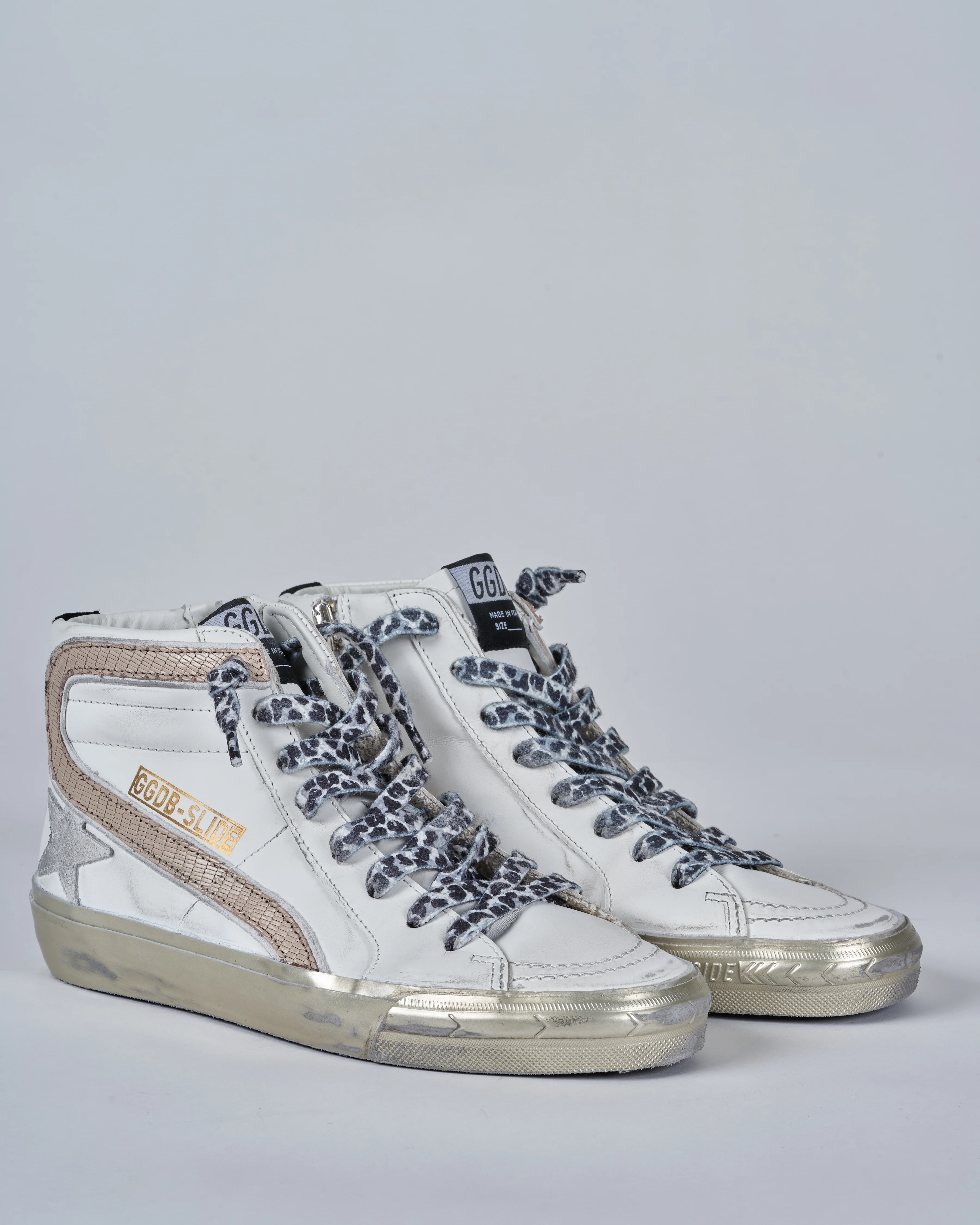 slide leather upper suede star and list tejus print leather wave sparkle foxing - white/black/taupe 10874