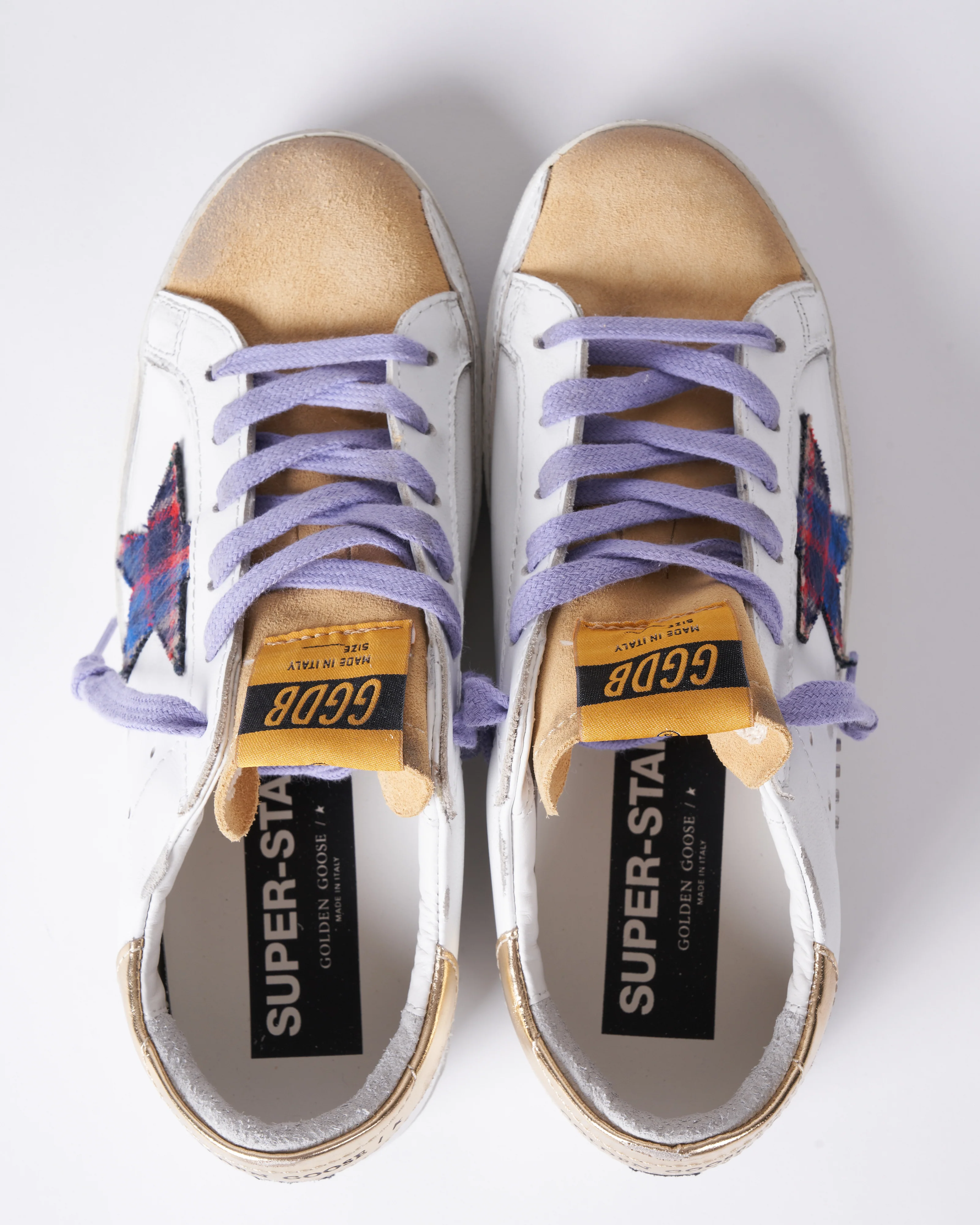 super-star leather upper suede toe checked tartan star laminated heel metal lettering - white/sand/multicolor/gold 10749 - Image 3