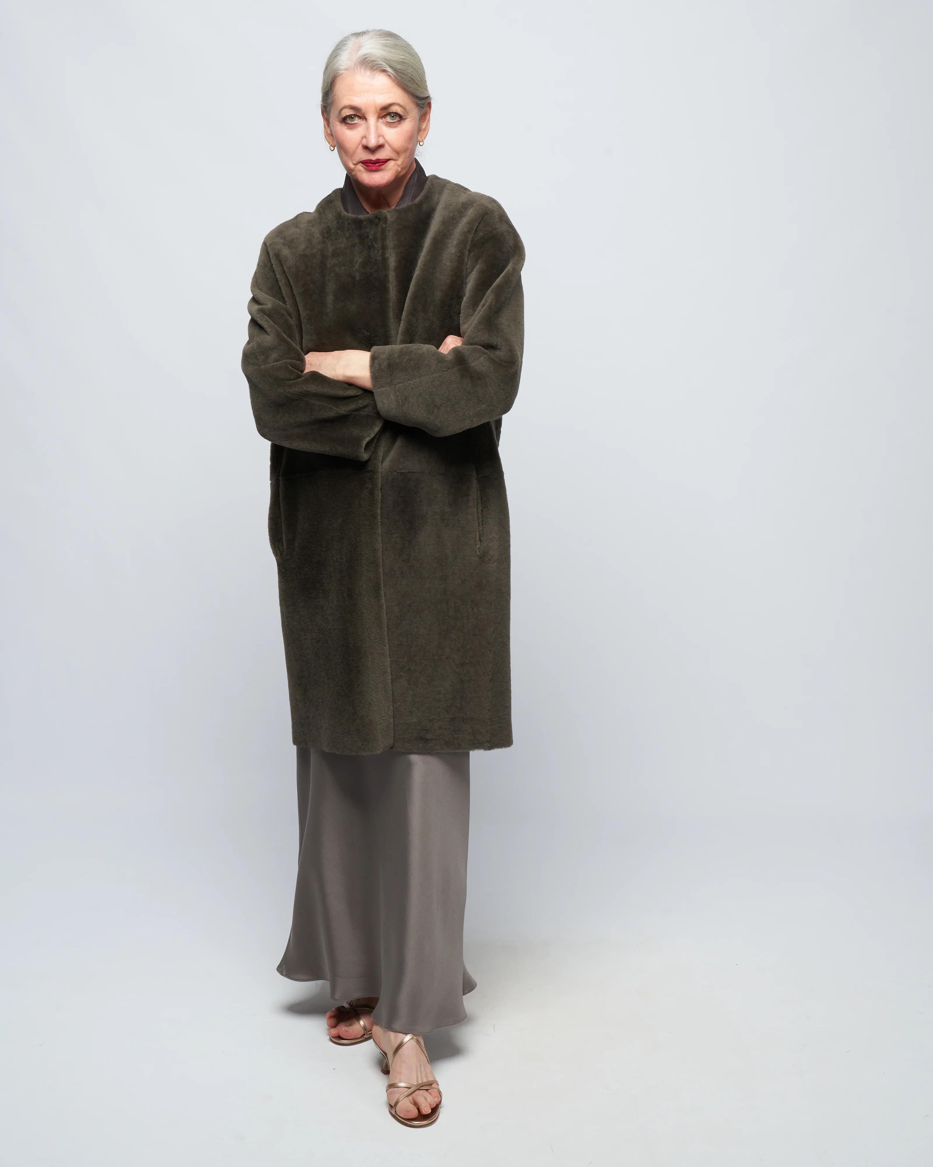 collarless coat - storm merino