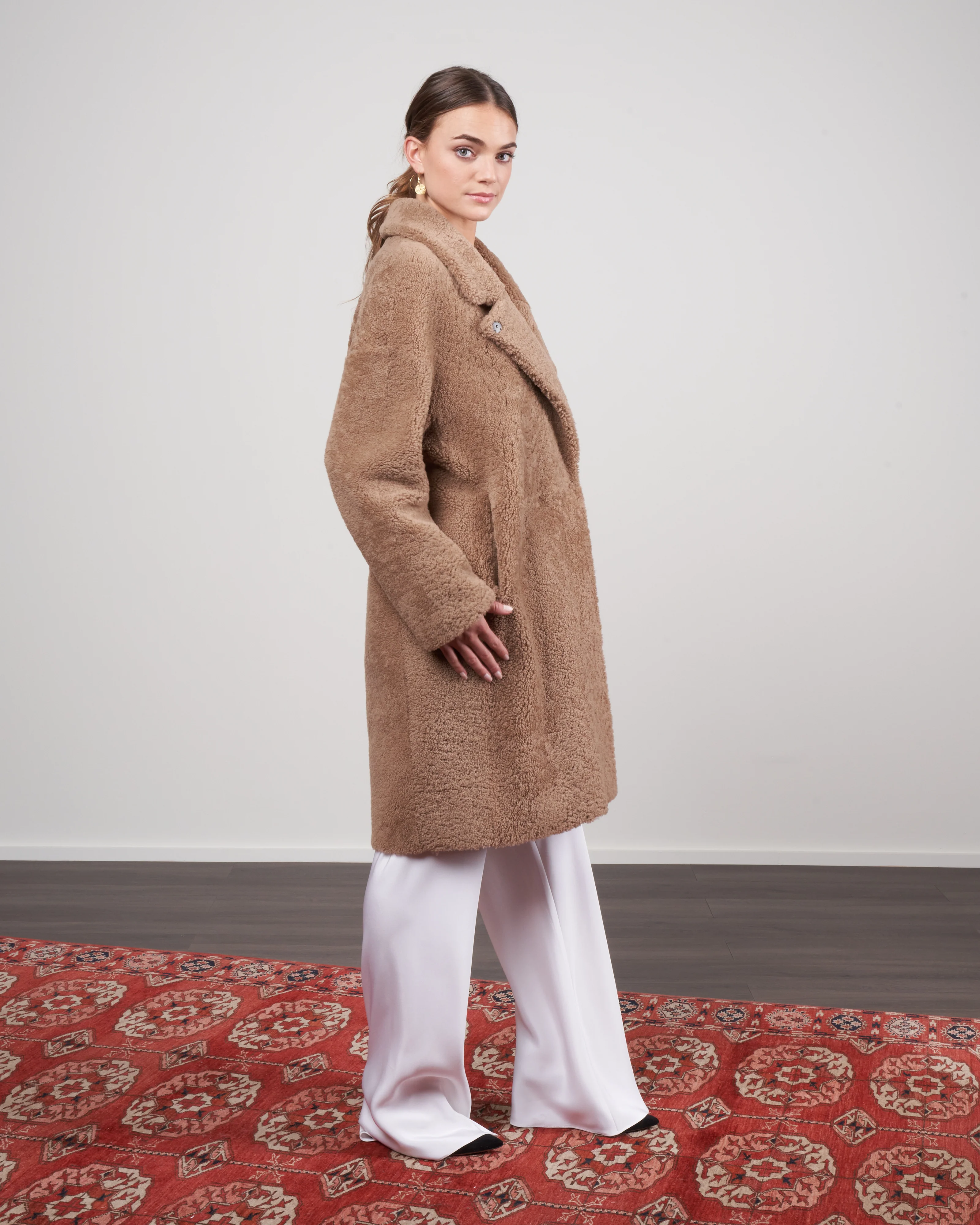 curly merino notch collar overcoat - camel - Image 2