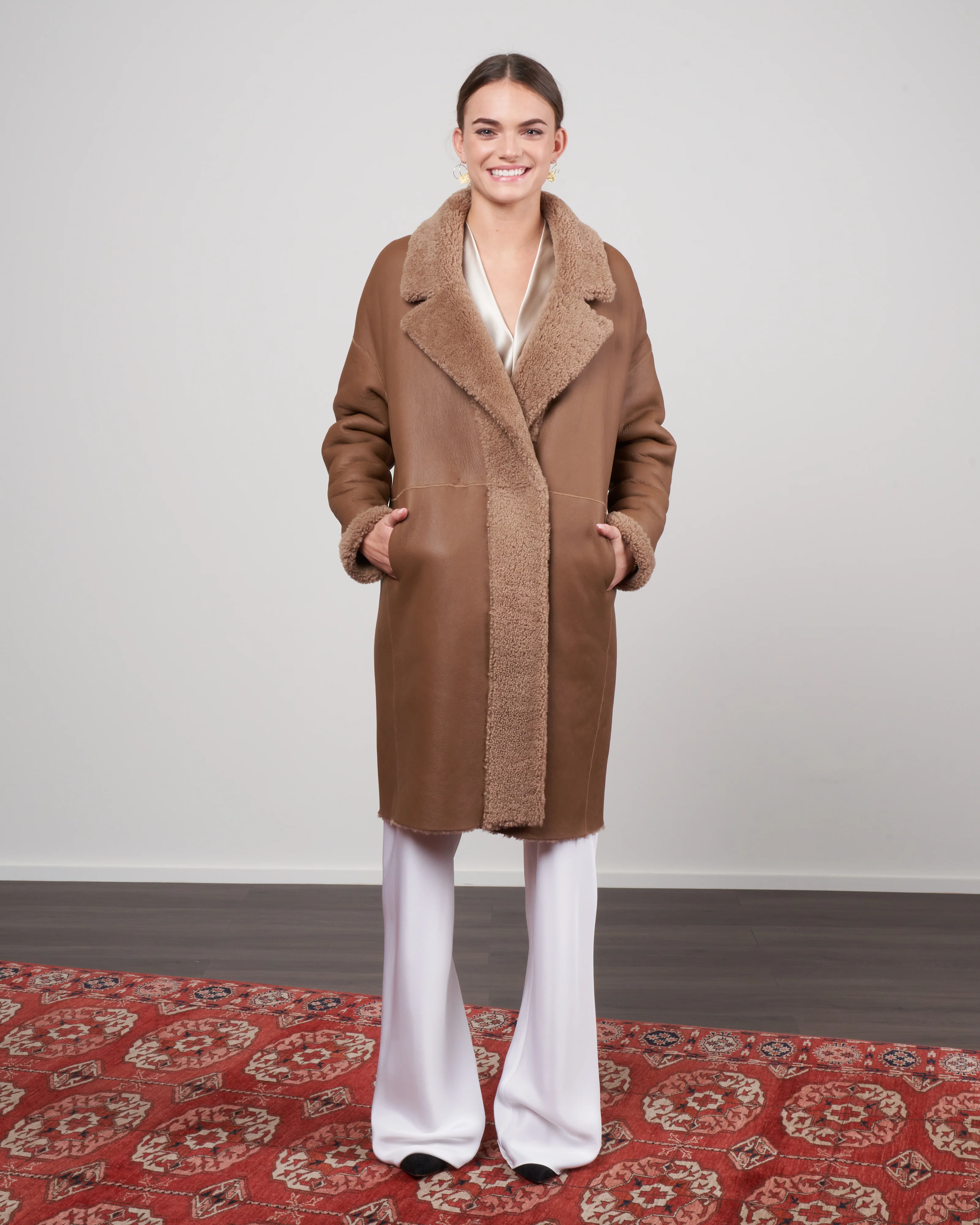 curly merino notch collar overcoat - camel - Image 4