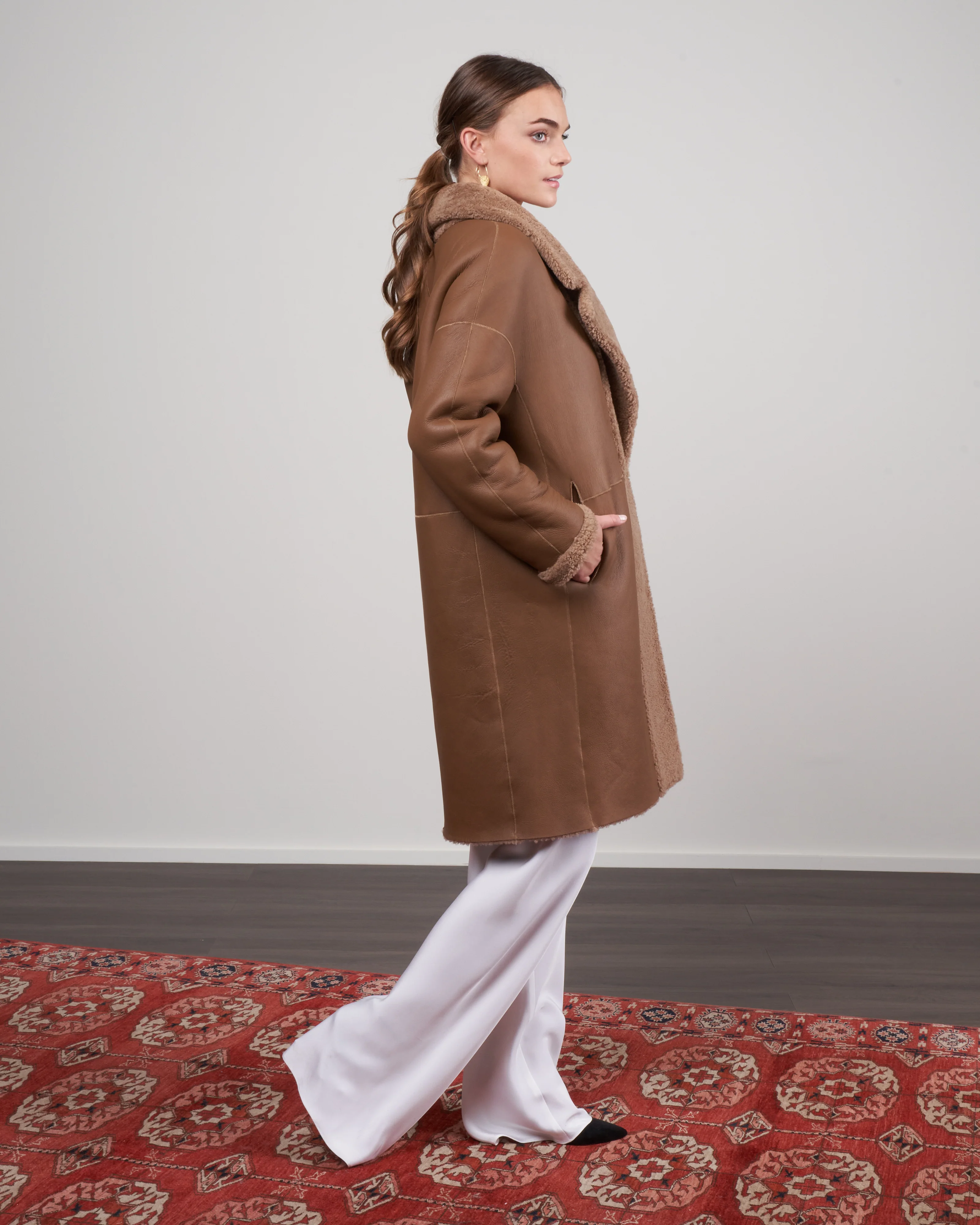 curly merino notch collar overcoat - camel - Image 5