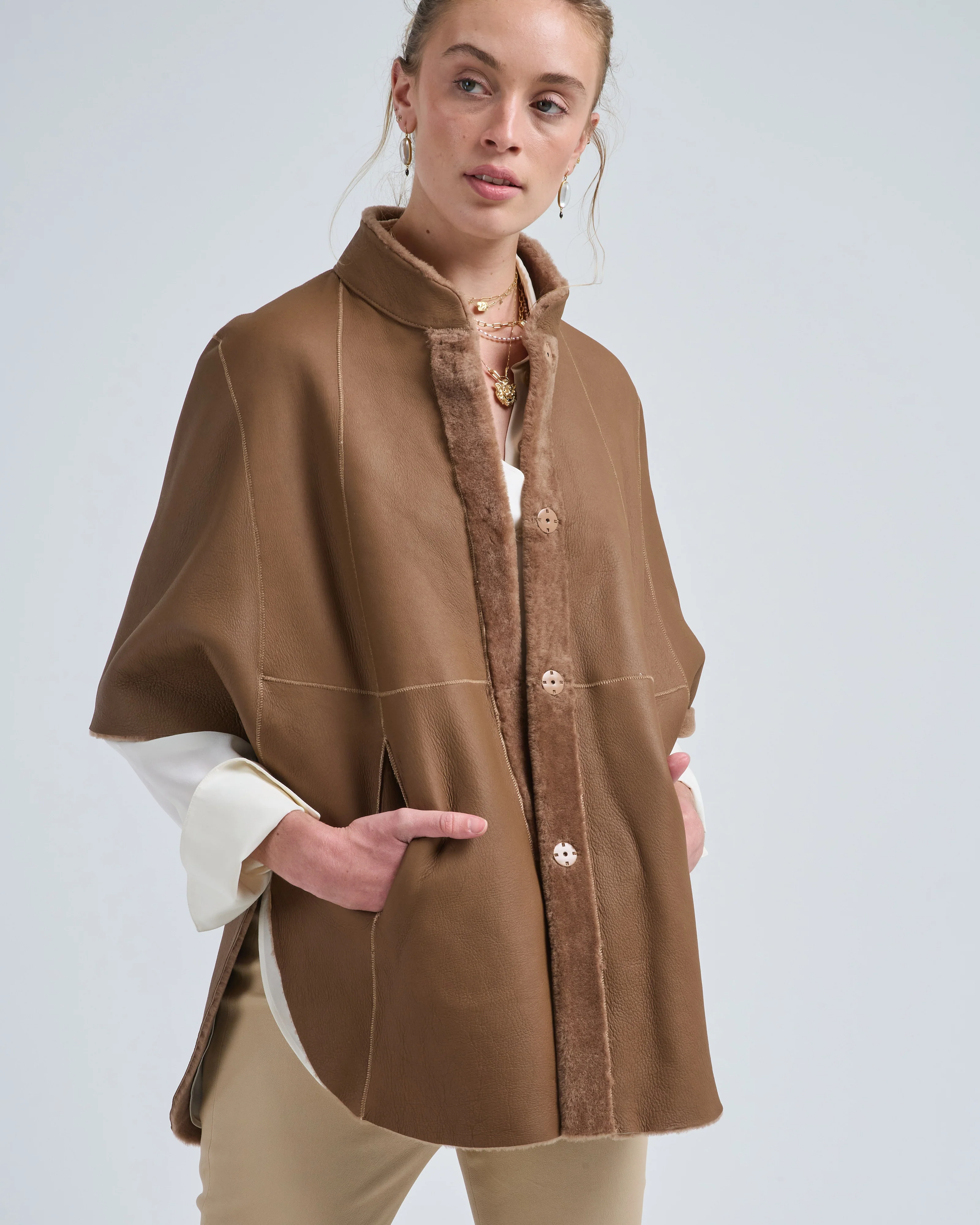shearling collared cape jacket - Image 2