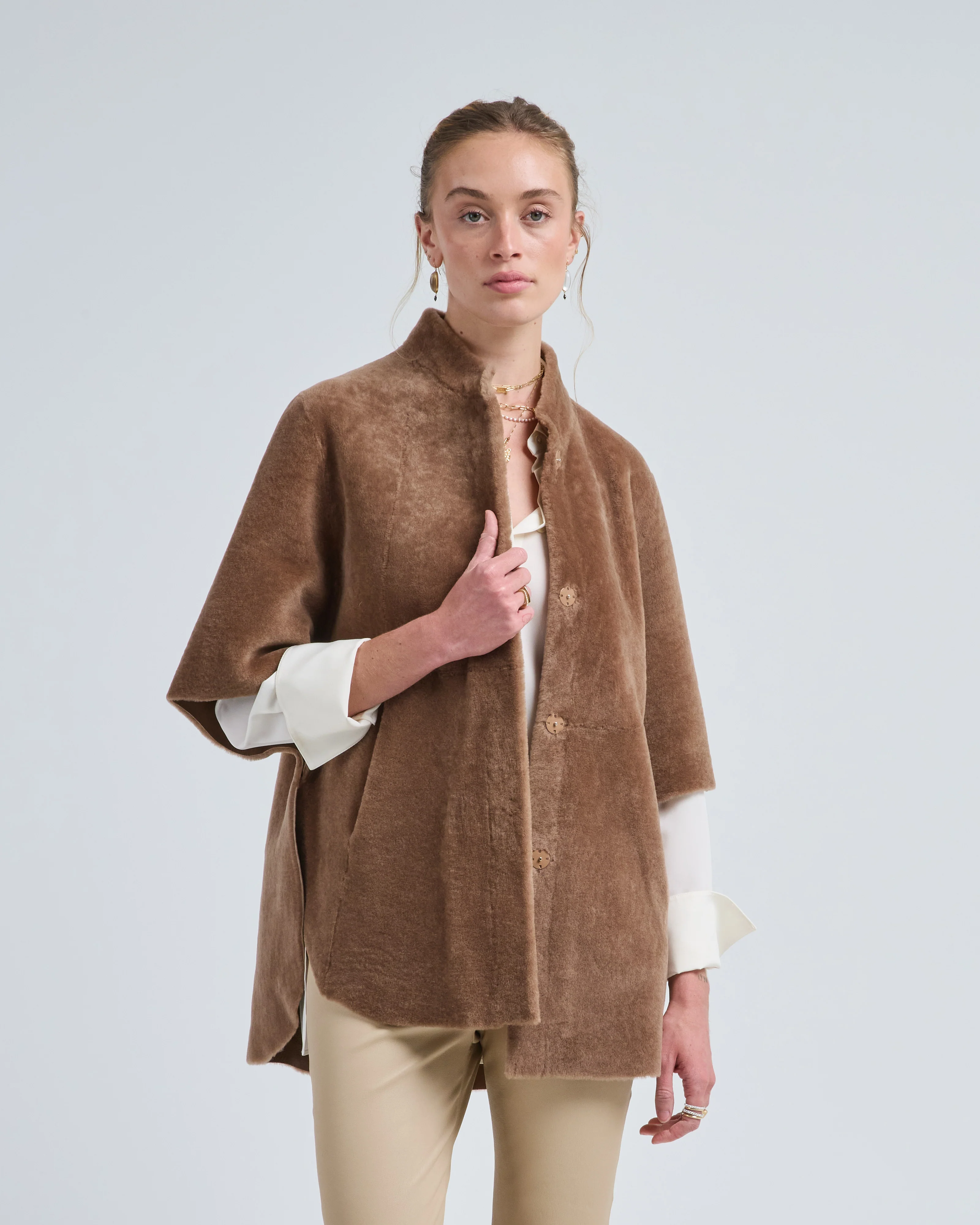 shearling collared cape jacket - Image 3