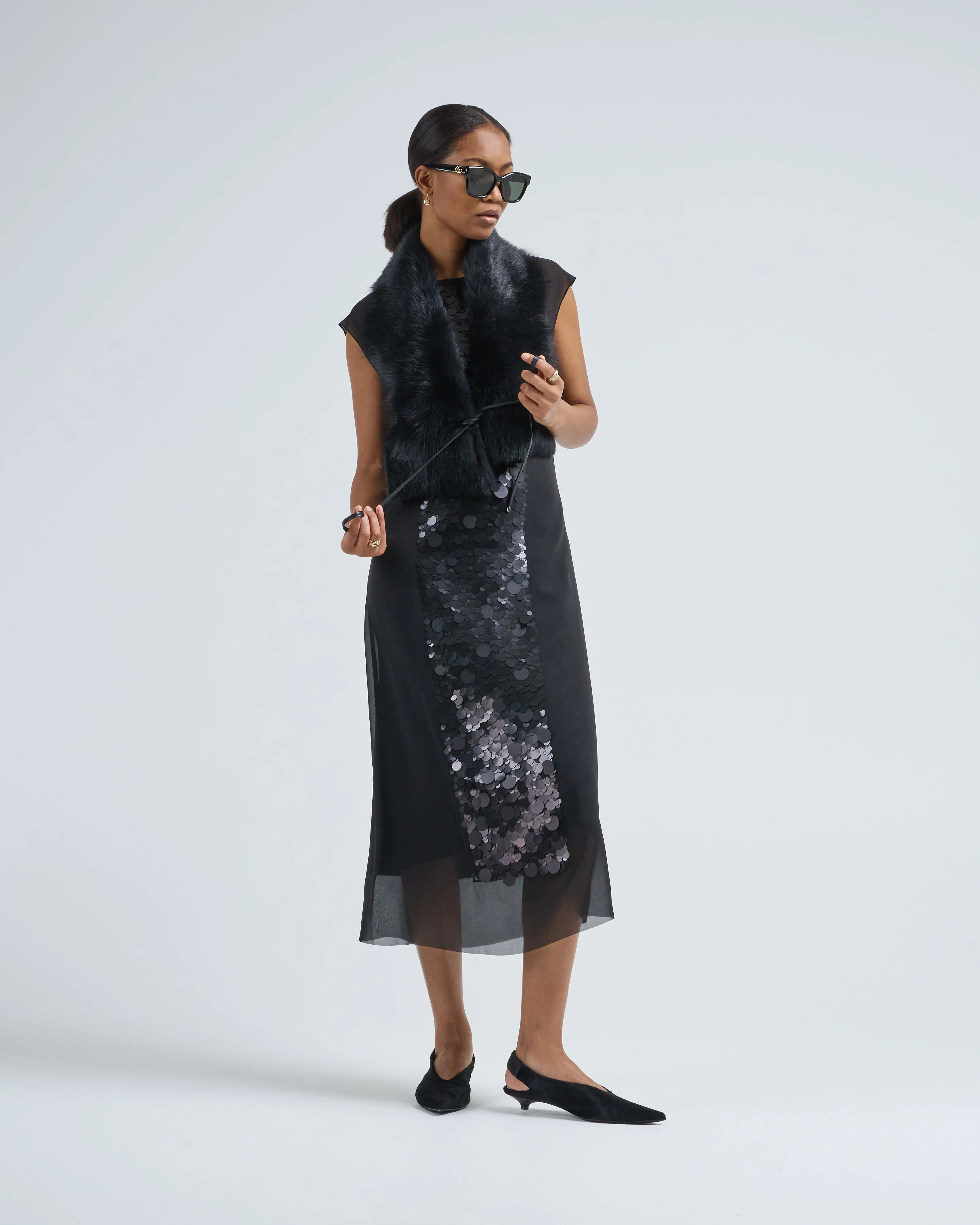 shearling shawl scarf with leather tie - Image 7