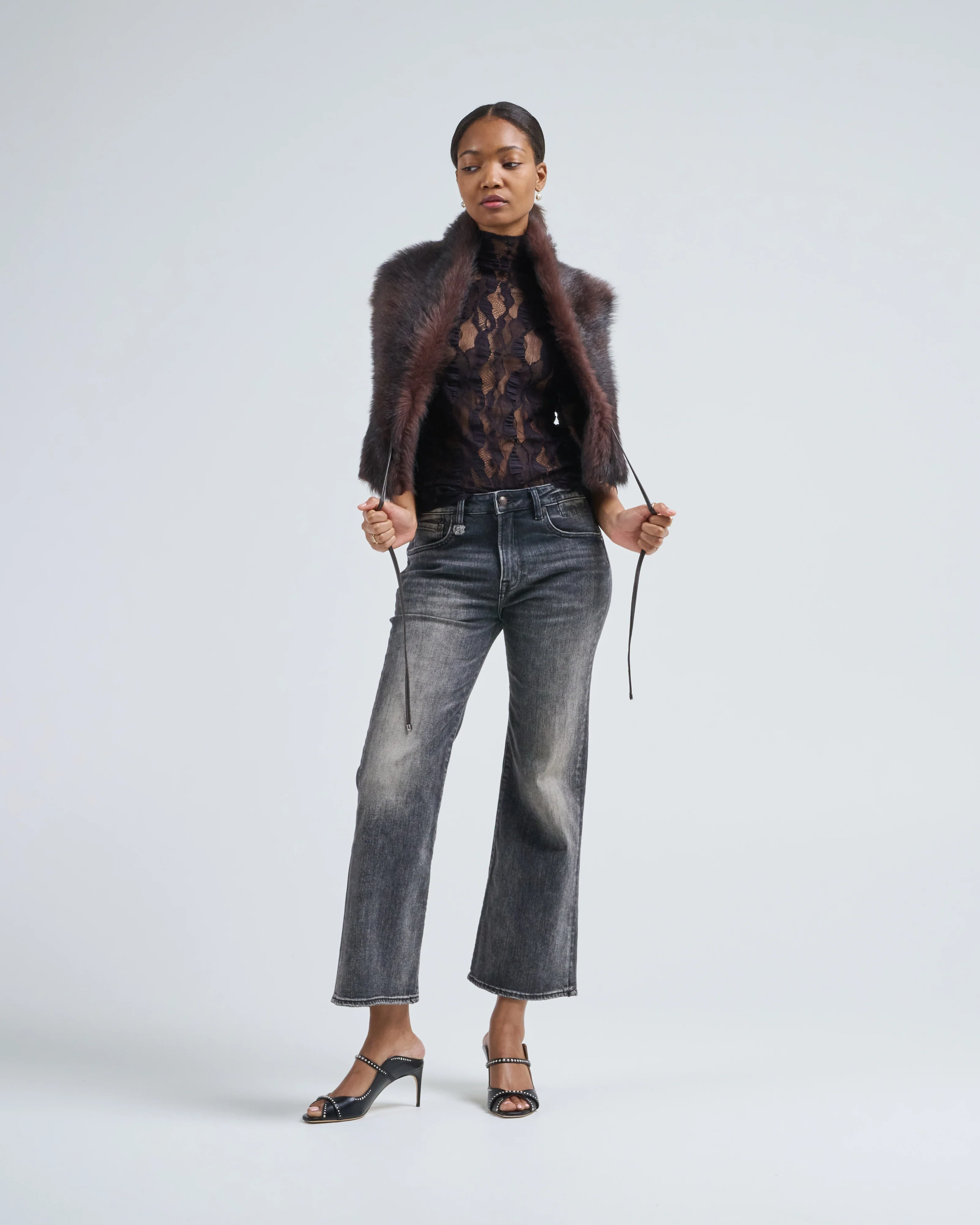 shearling shawl scarf with leather tie - Image 2