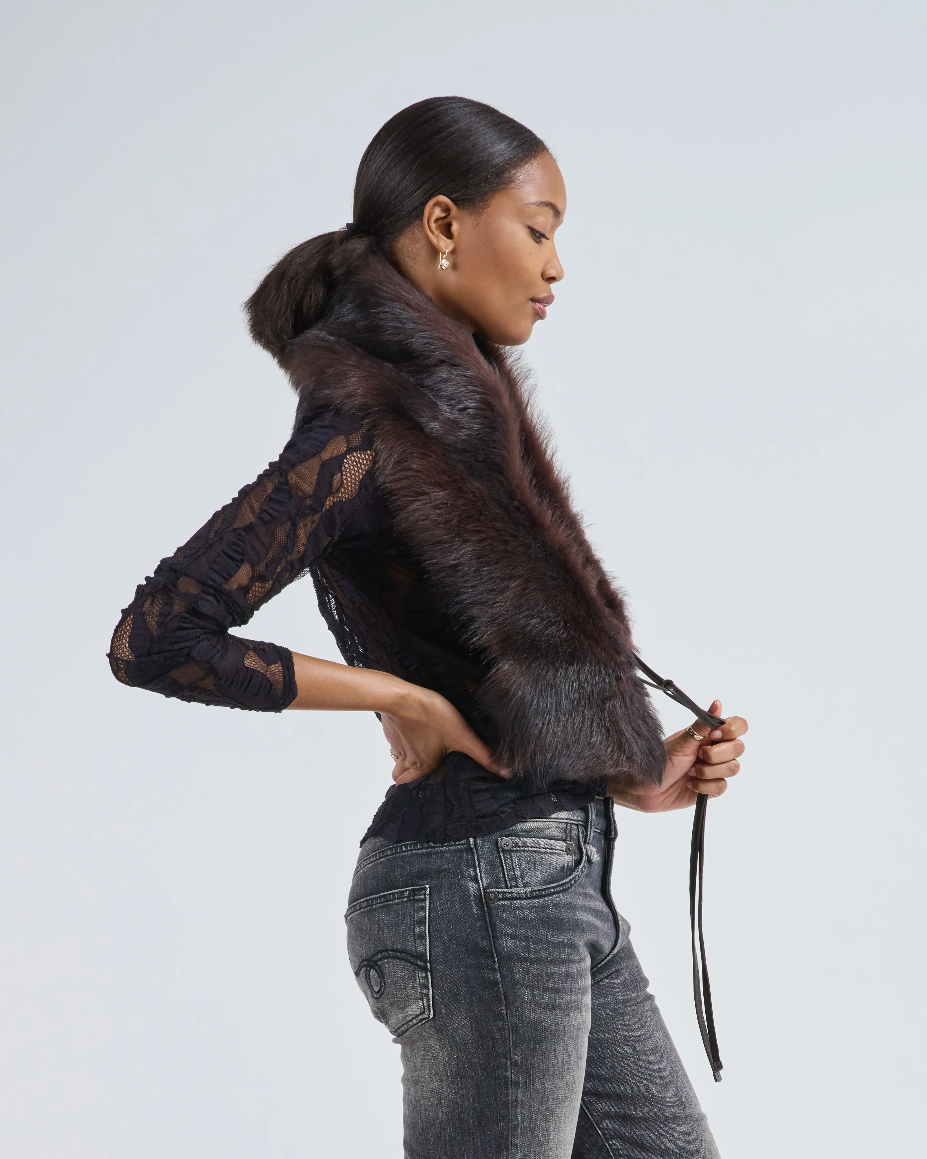 shearling shawl scarf with leather tie - Image 6