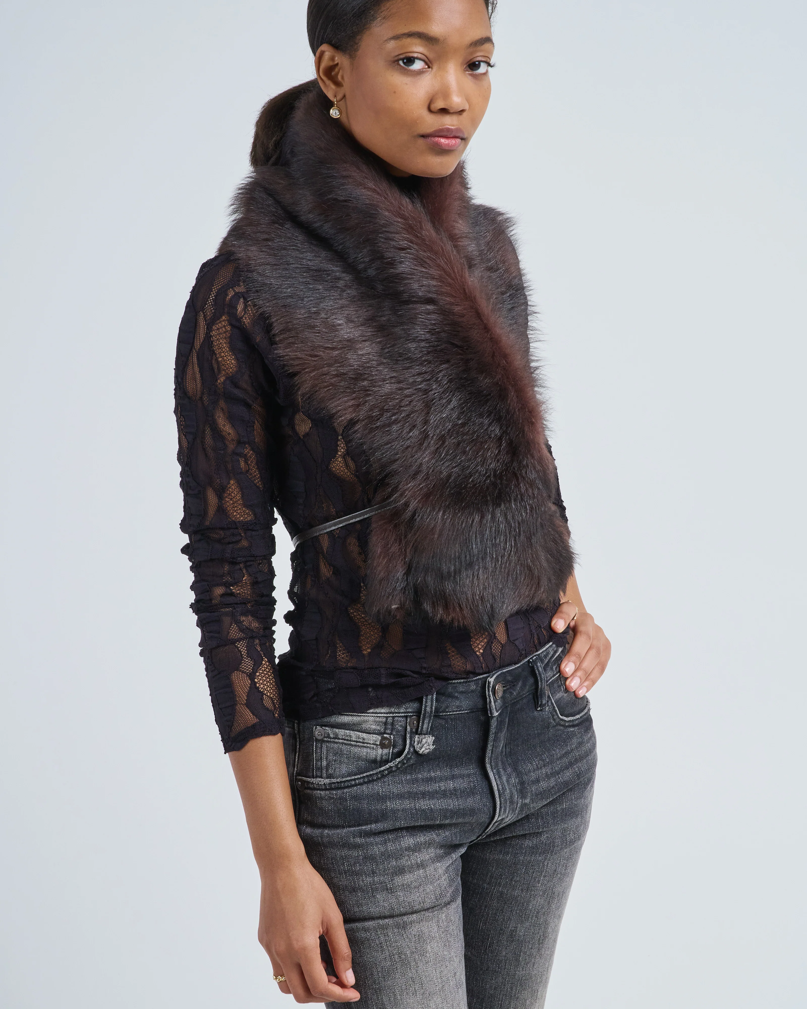 shearling shawl scarf with leather tie - Image 7