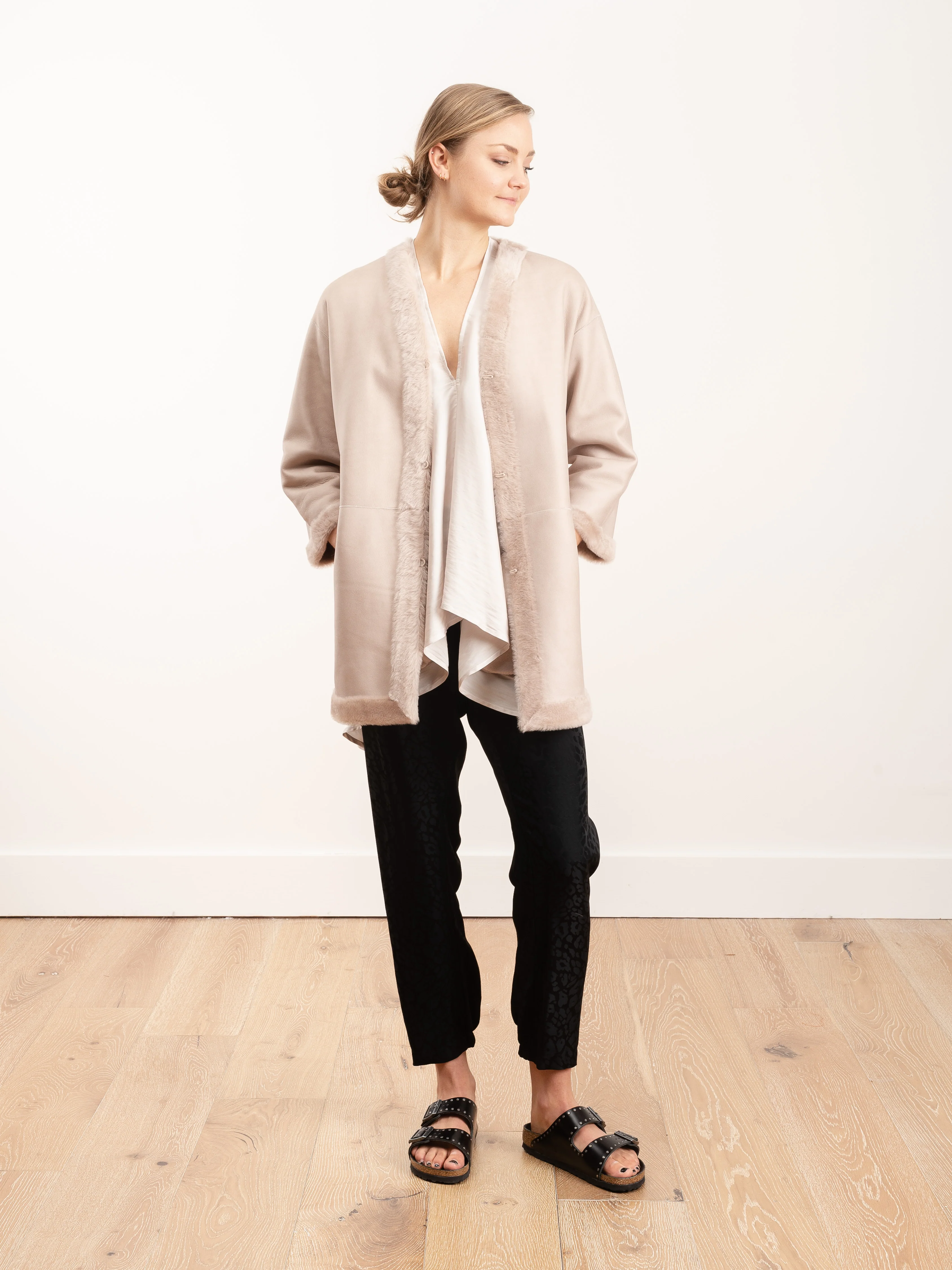 v-neck shearling cardigan - chalk pink - Image 4