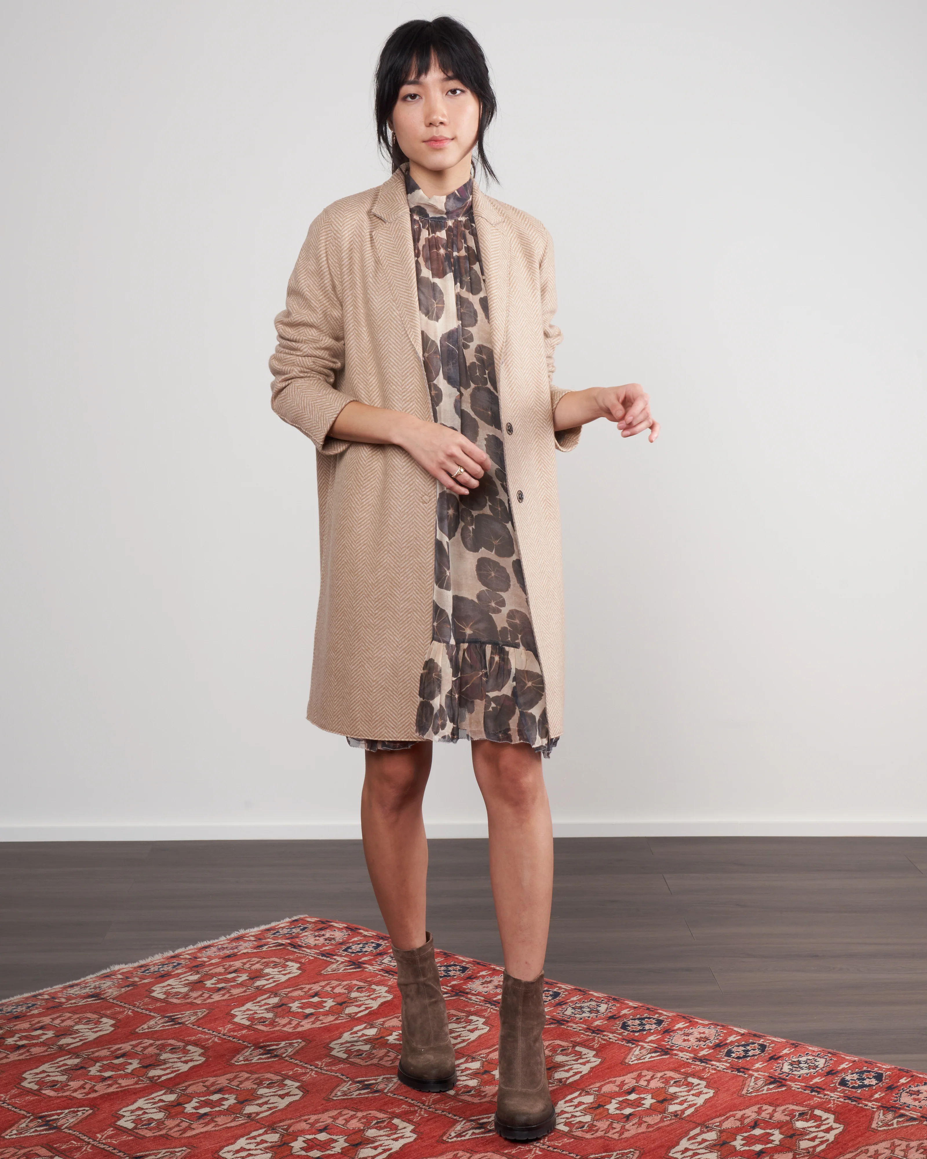 women cocoon coat cashmere blend herringbone - tan
