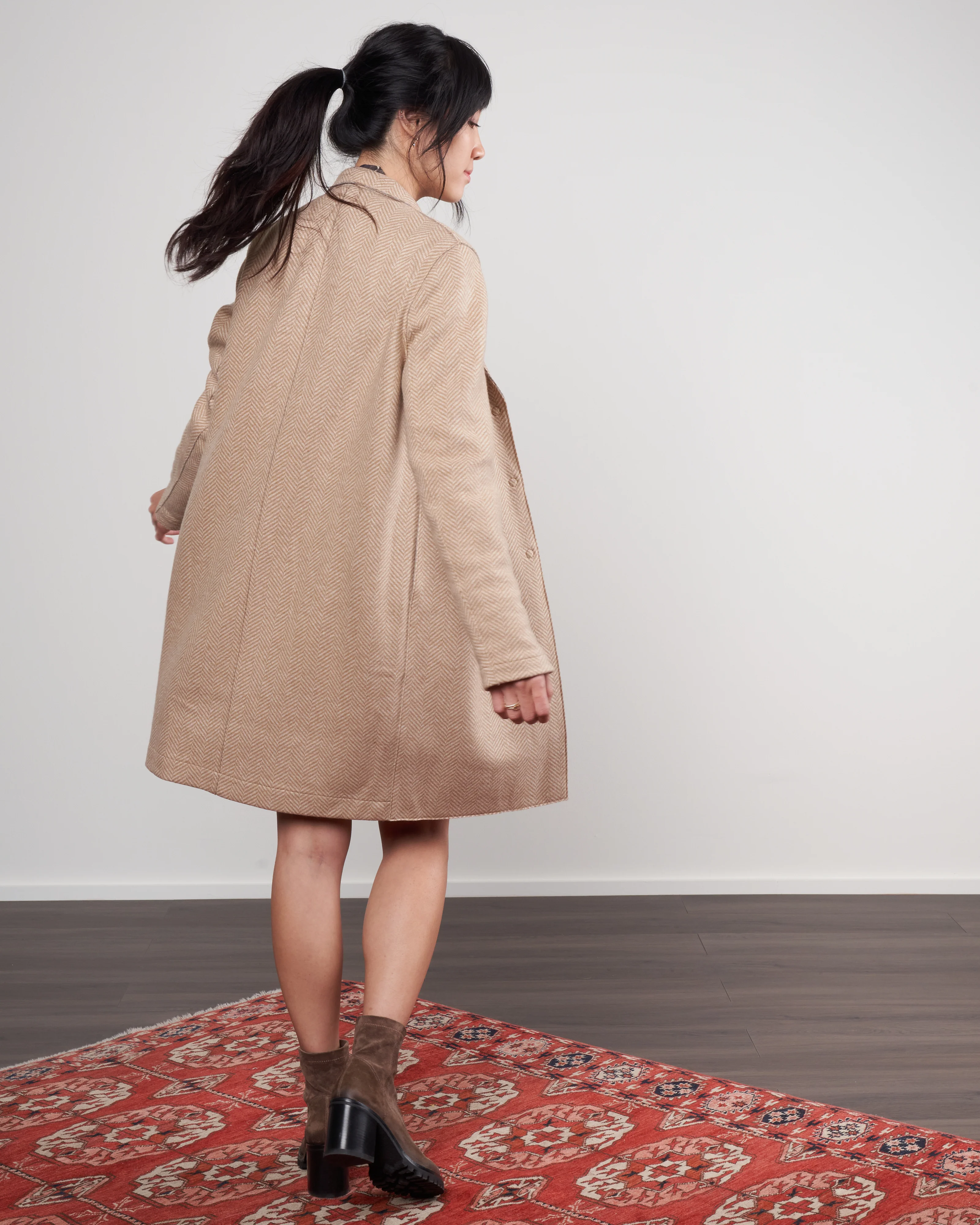 women cocoon coat cashmere blend herringbone - tan - Image 3