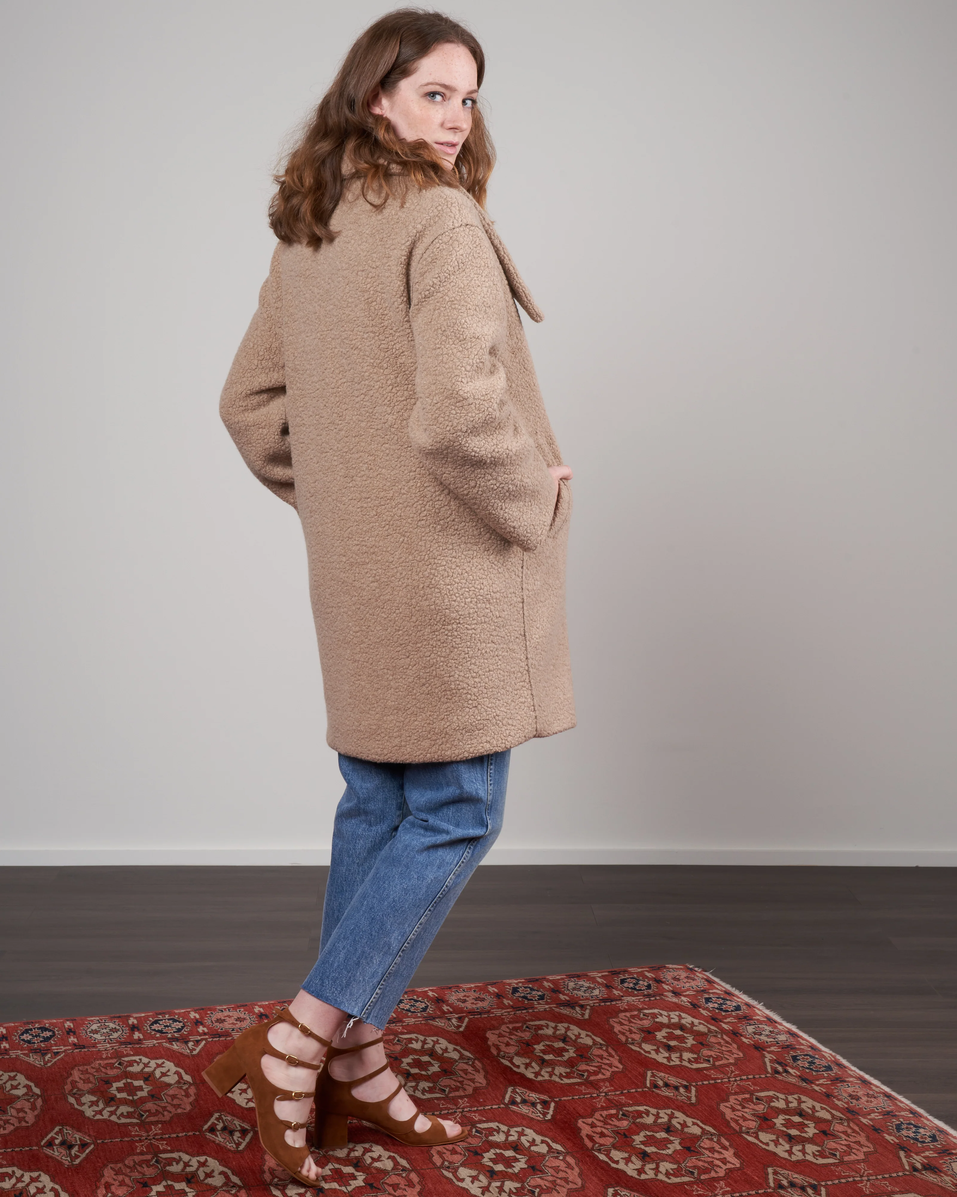 funnel collar bouclé coat - tan - Image 2
