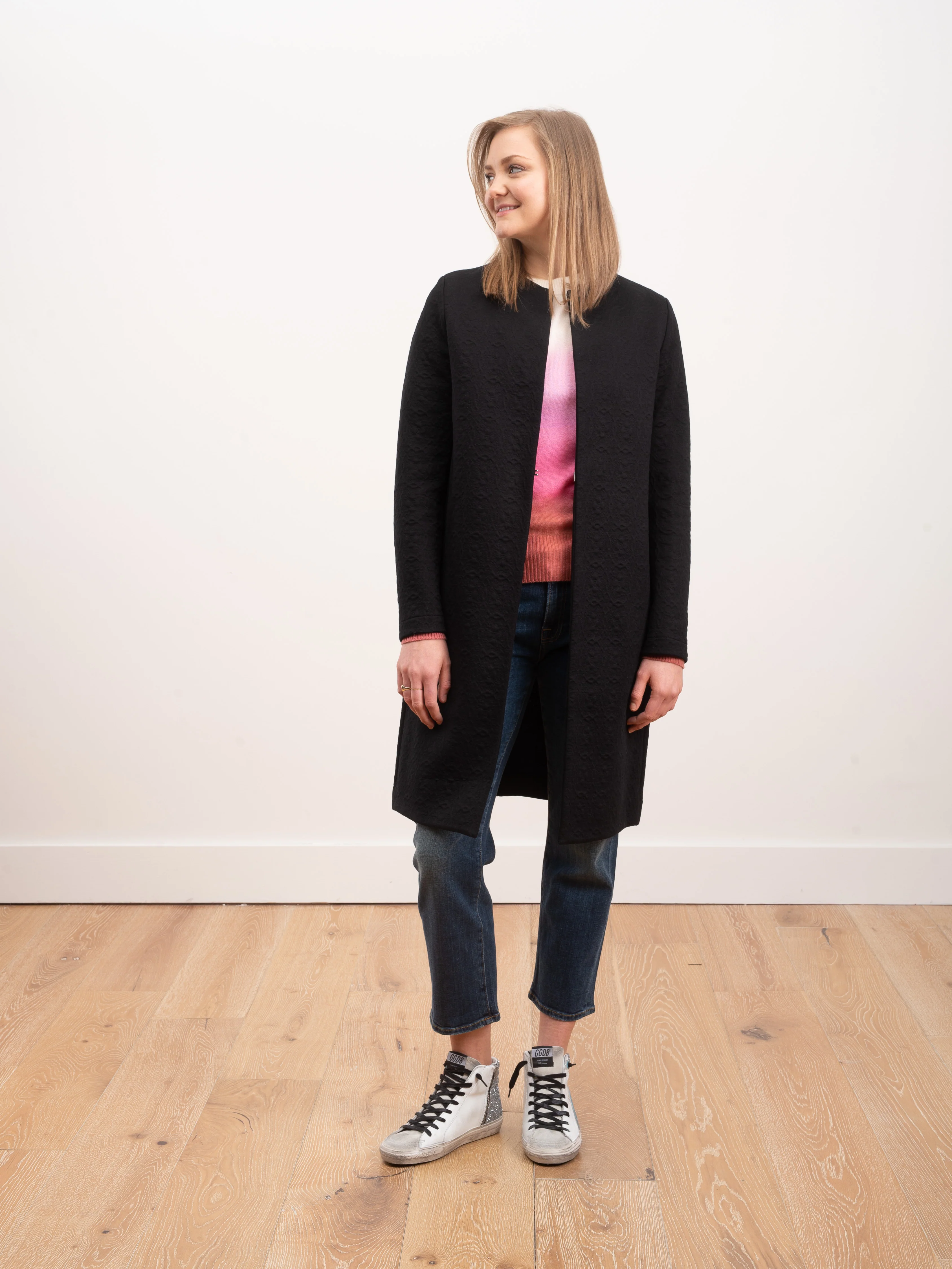 collarless coat matelassé - black - Image 2