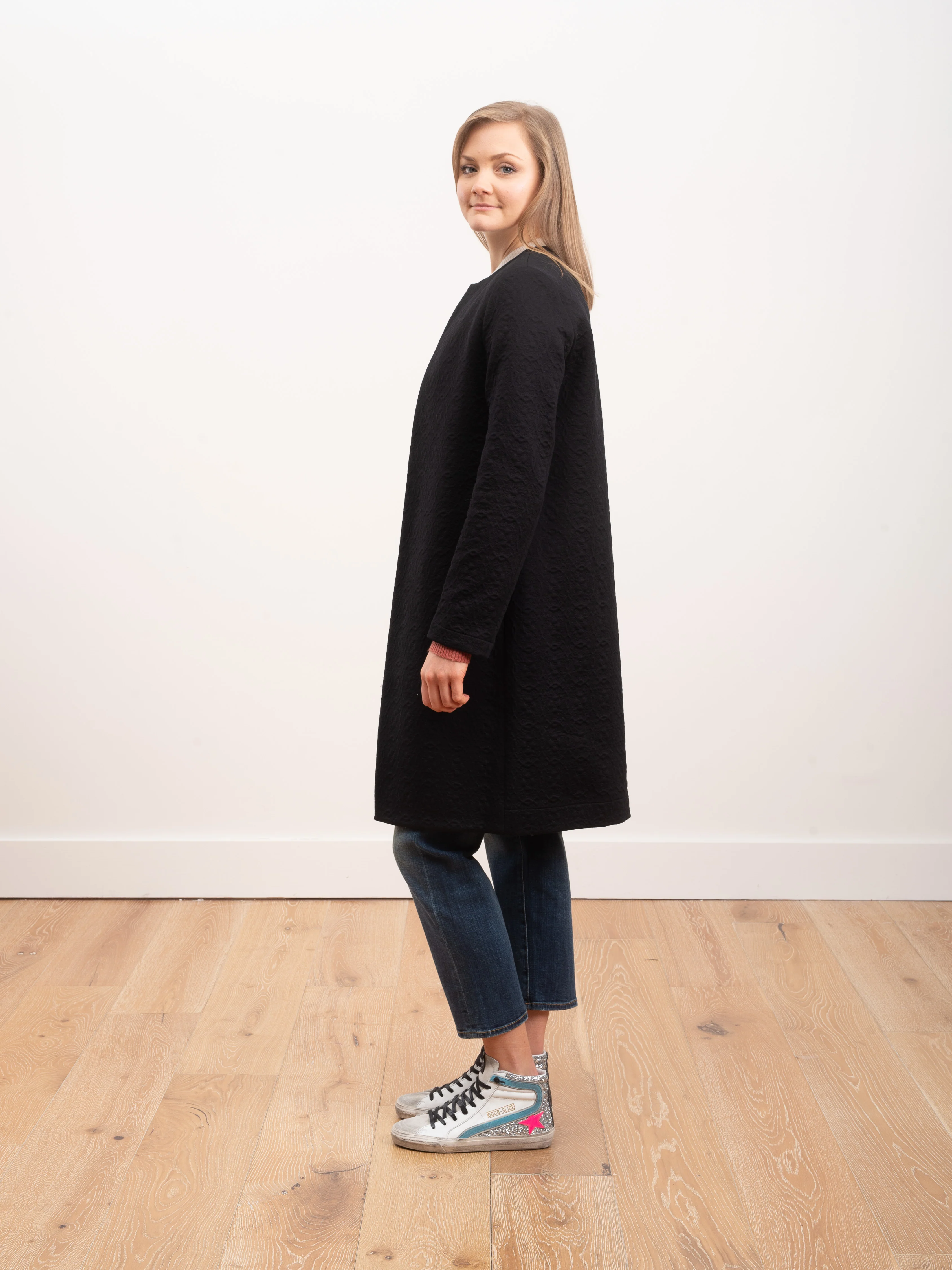 collarless coat matelassé - black - Image 3