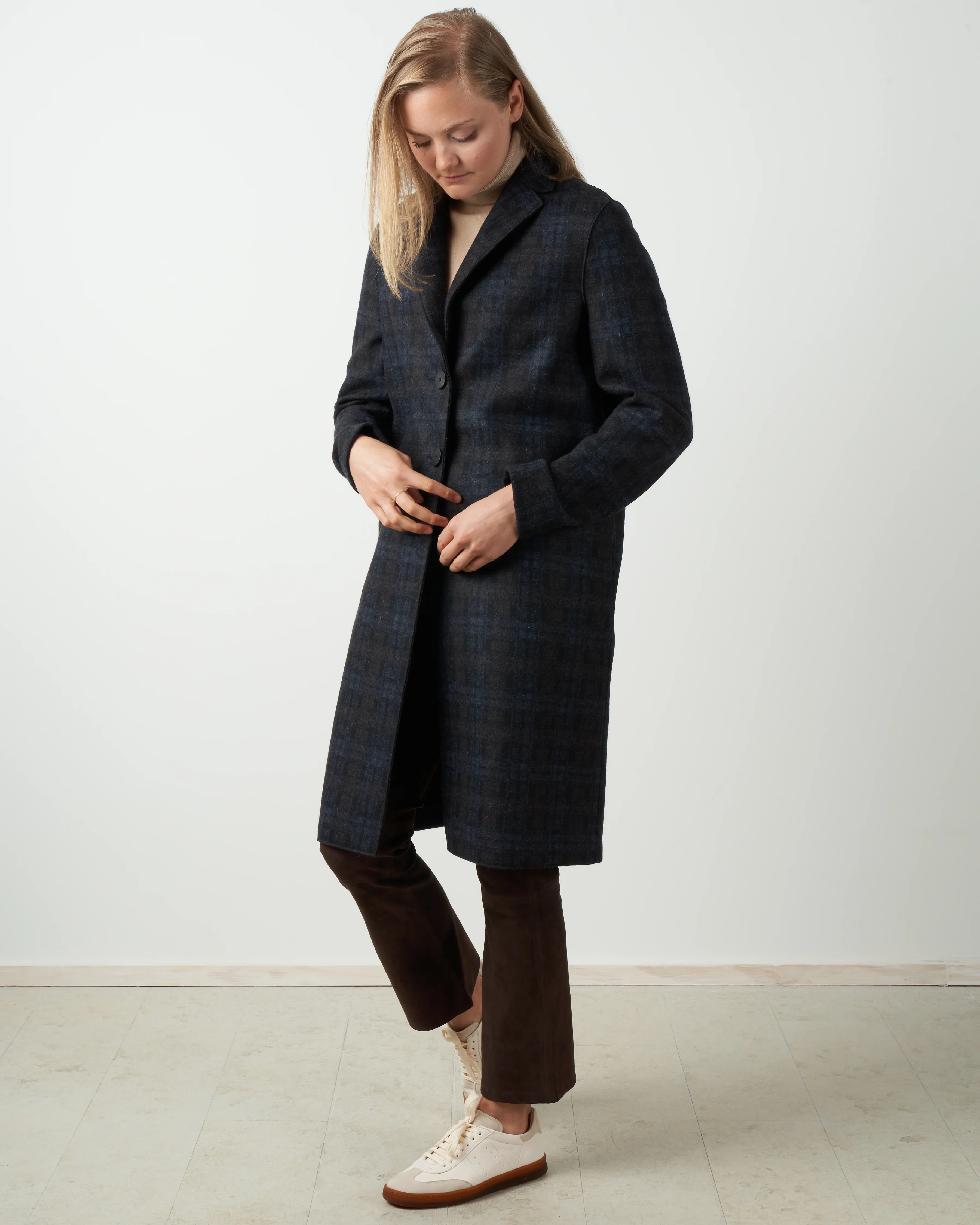 wool & cashmere tartan overcoat - navy blue - Image 2