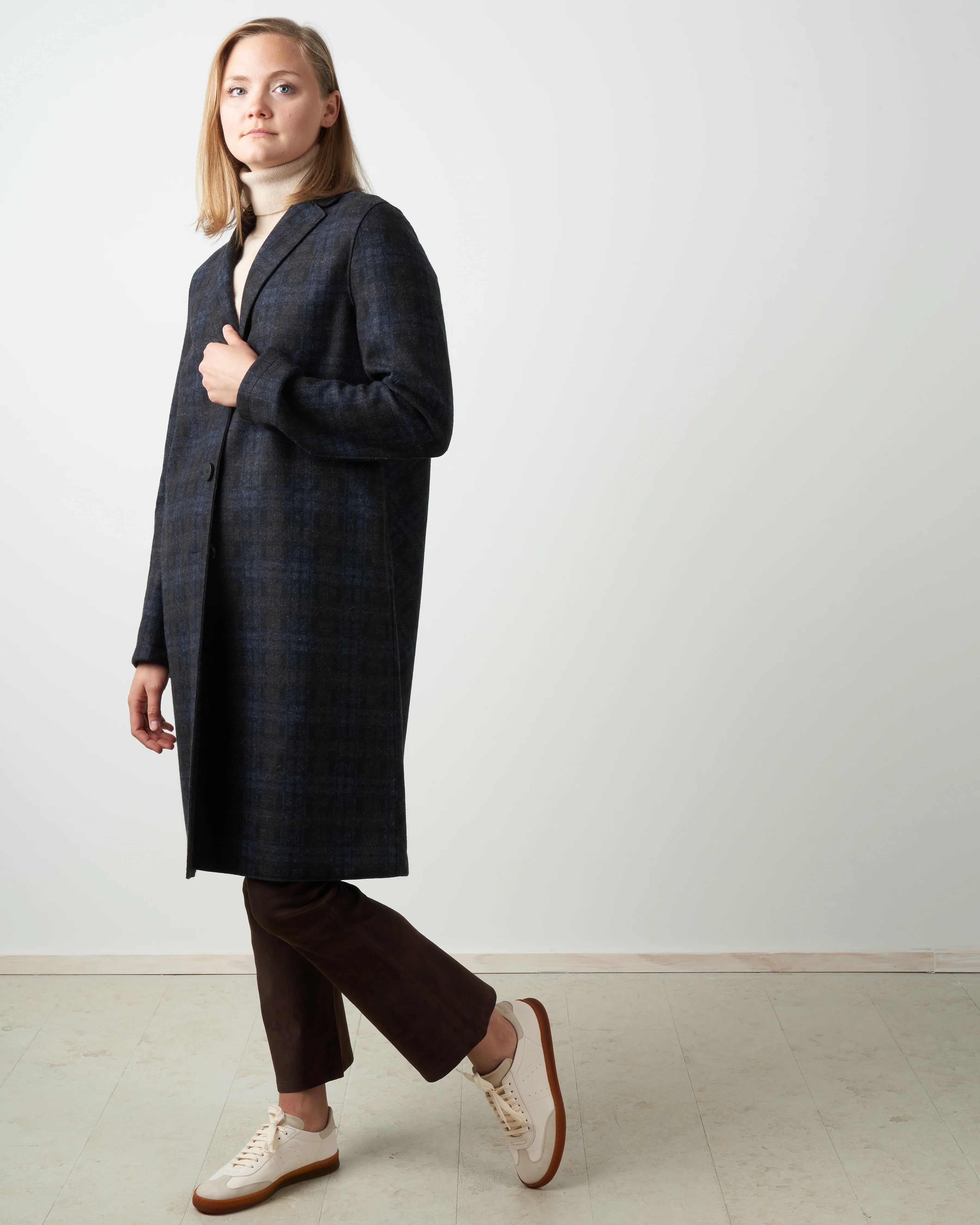 wool & cashmere tartan overcoat - navy blue - Image 3