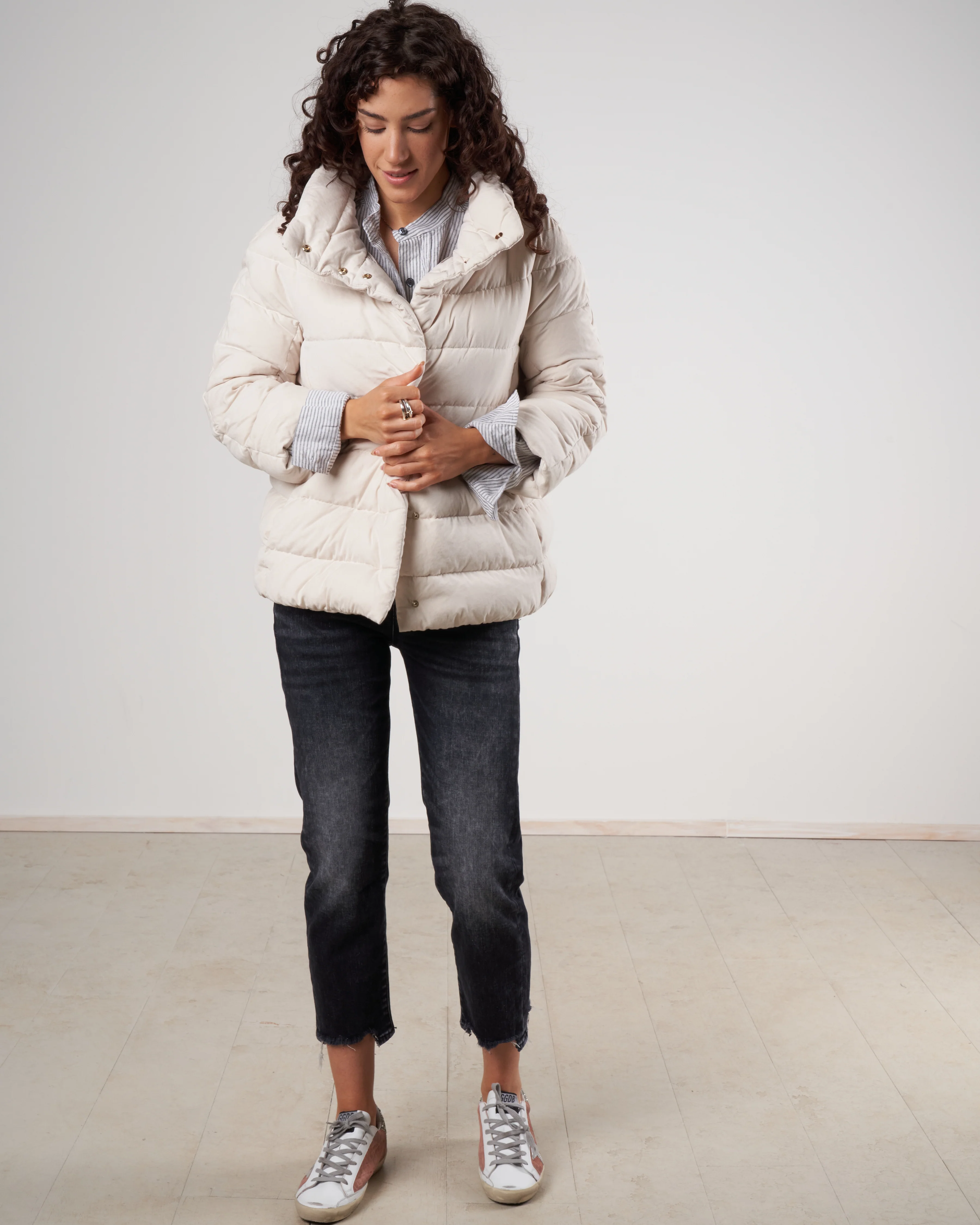 brushed micofiber bracelet slv coat w/ knit gloves - 1200 ivory - Image 2