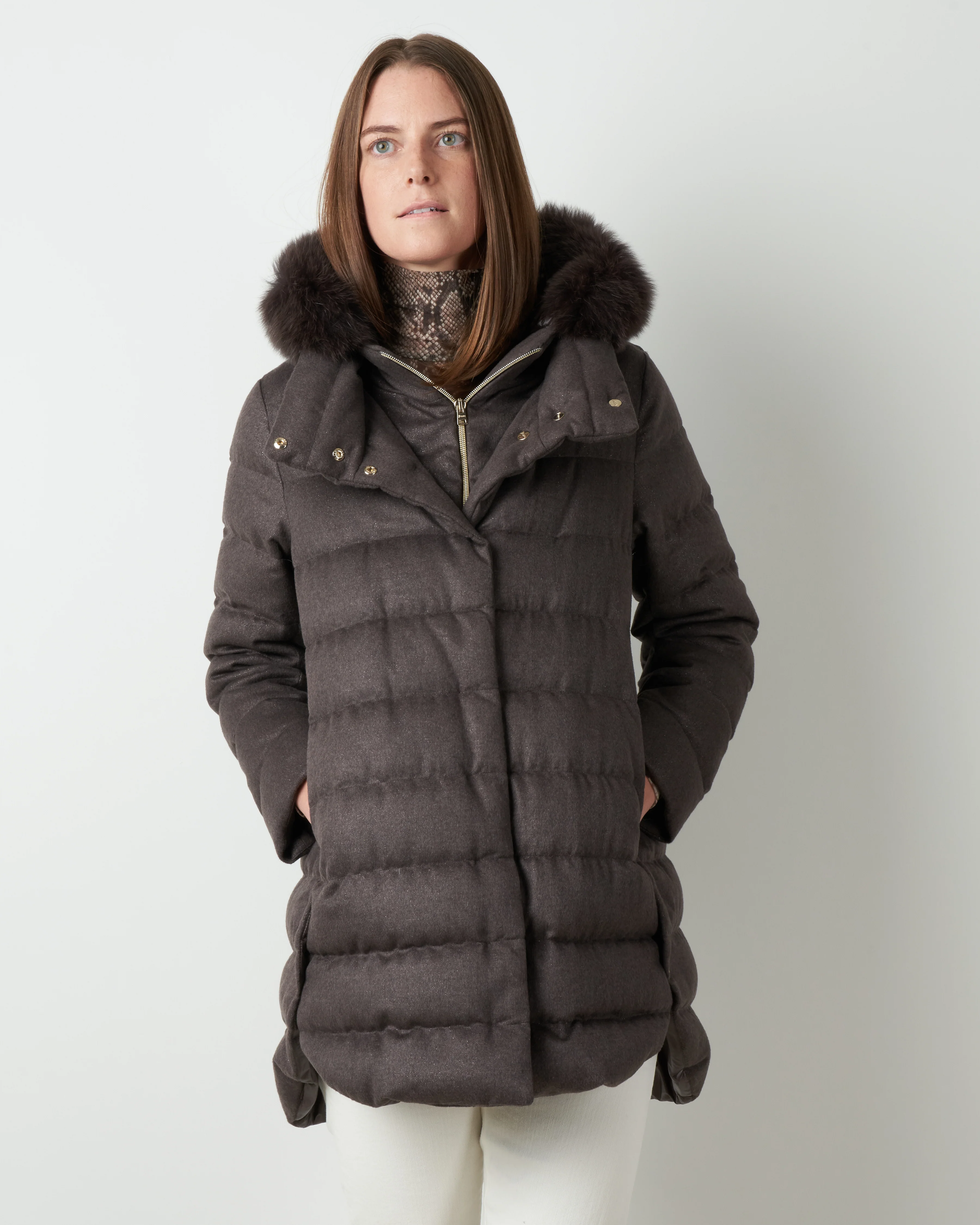 cashmere silk a-line hilo w/ fox fur hood - chocolate - Image 2