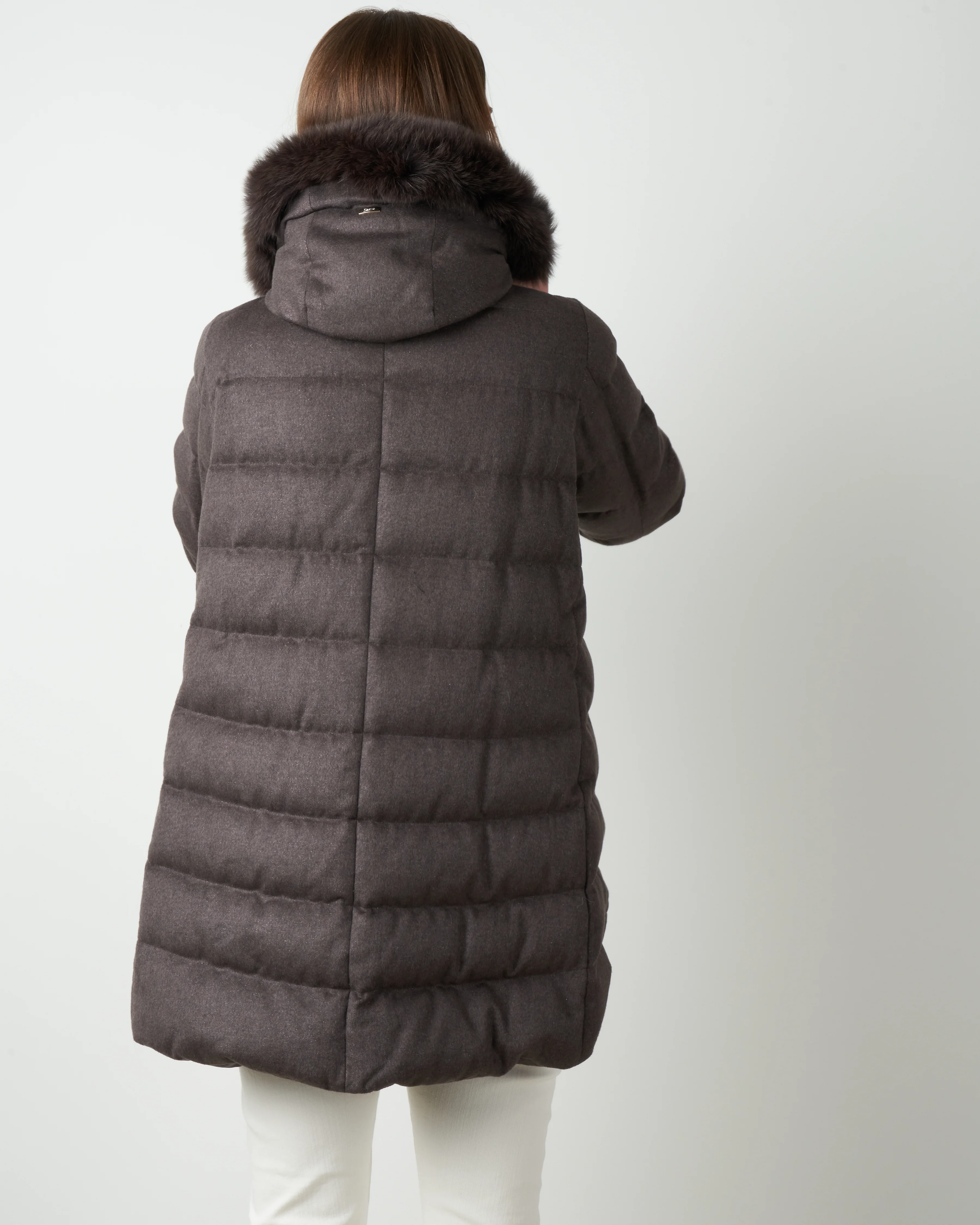 cashmere silk a-line hilo w/ fox fur hood - chocolate - Image 3