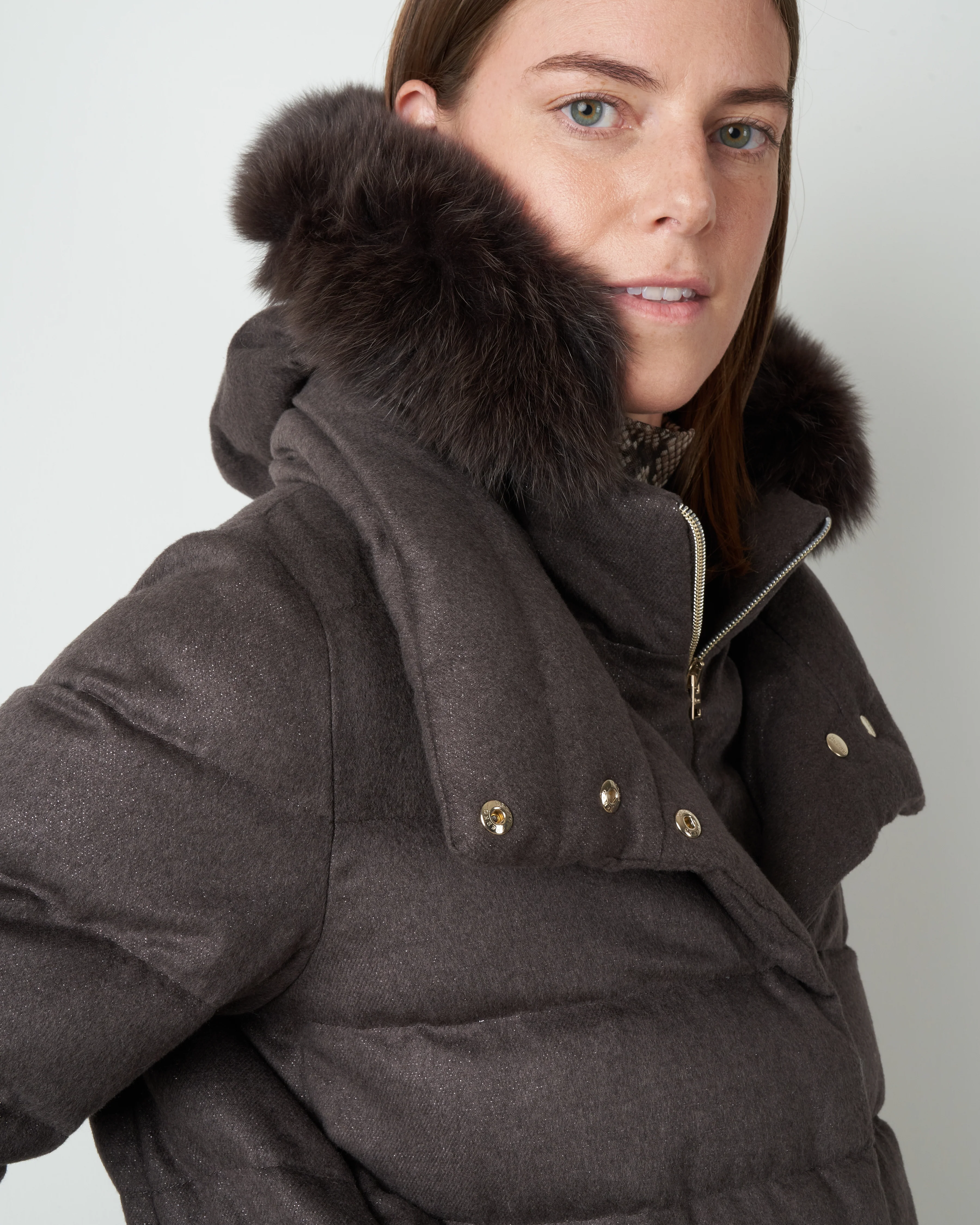 cashmere silk a-line hilo w/ fox fur hood - chocolate - Image 4