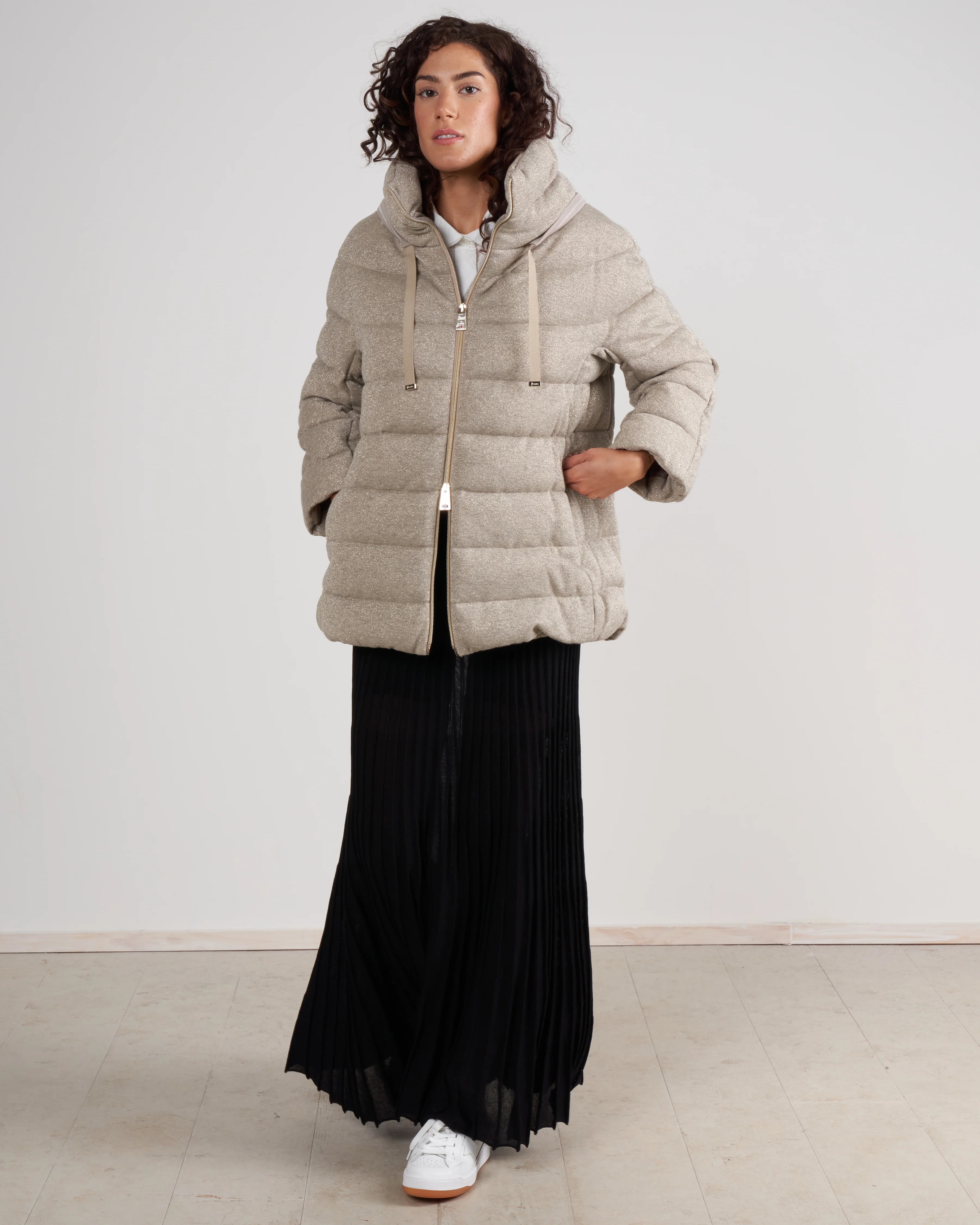cotton lurex bracelet slv zip front coat - 2600 taupe - Image 2