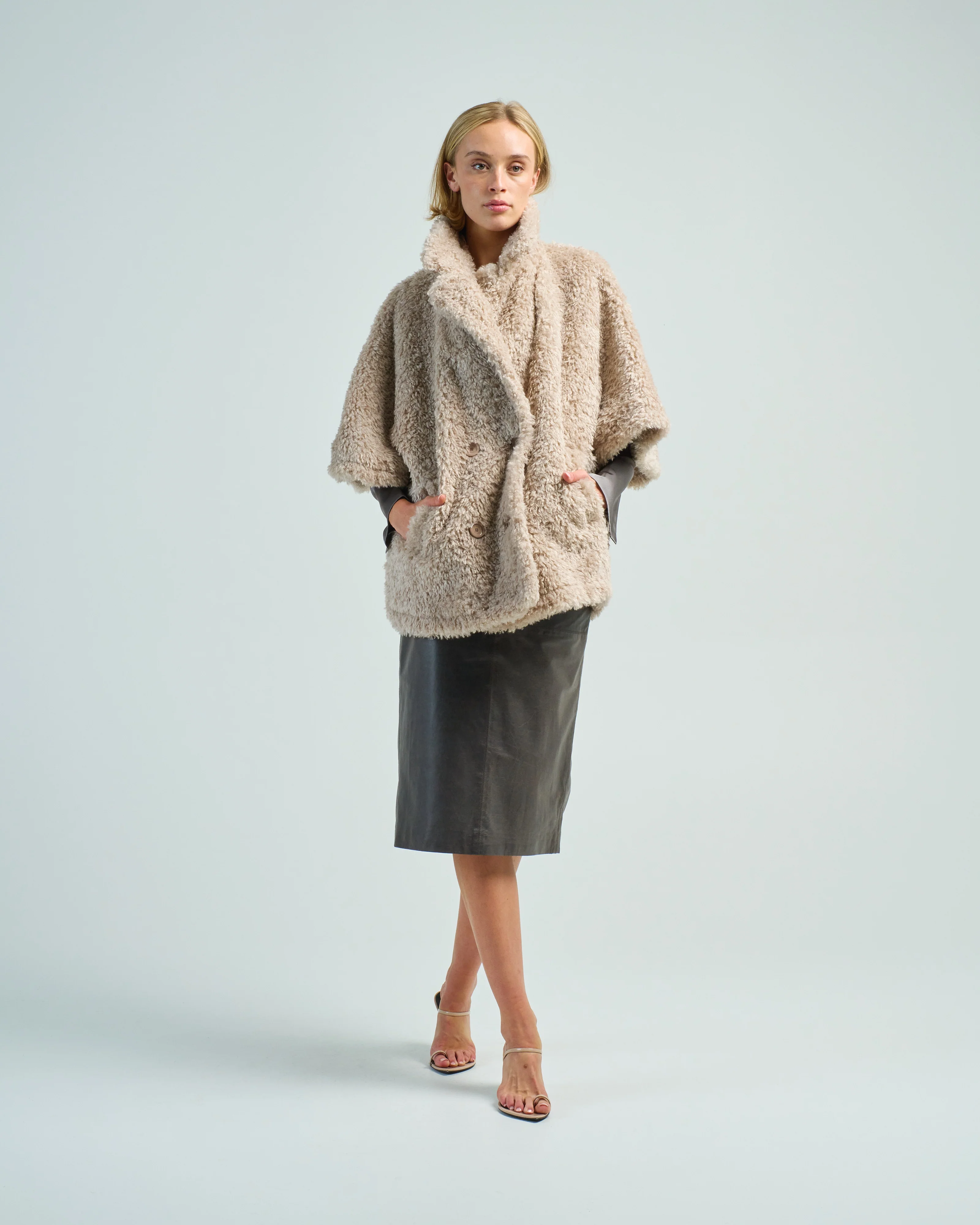 curly faux fur double breasted cape - Image 2