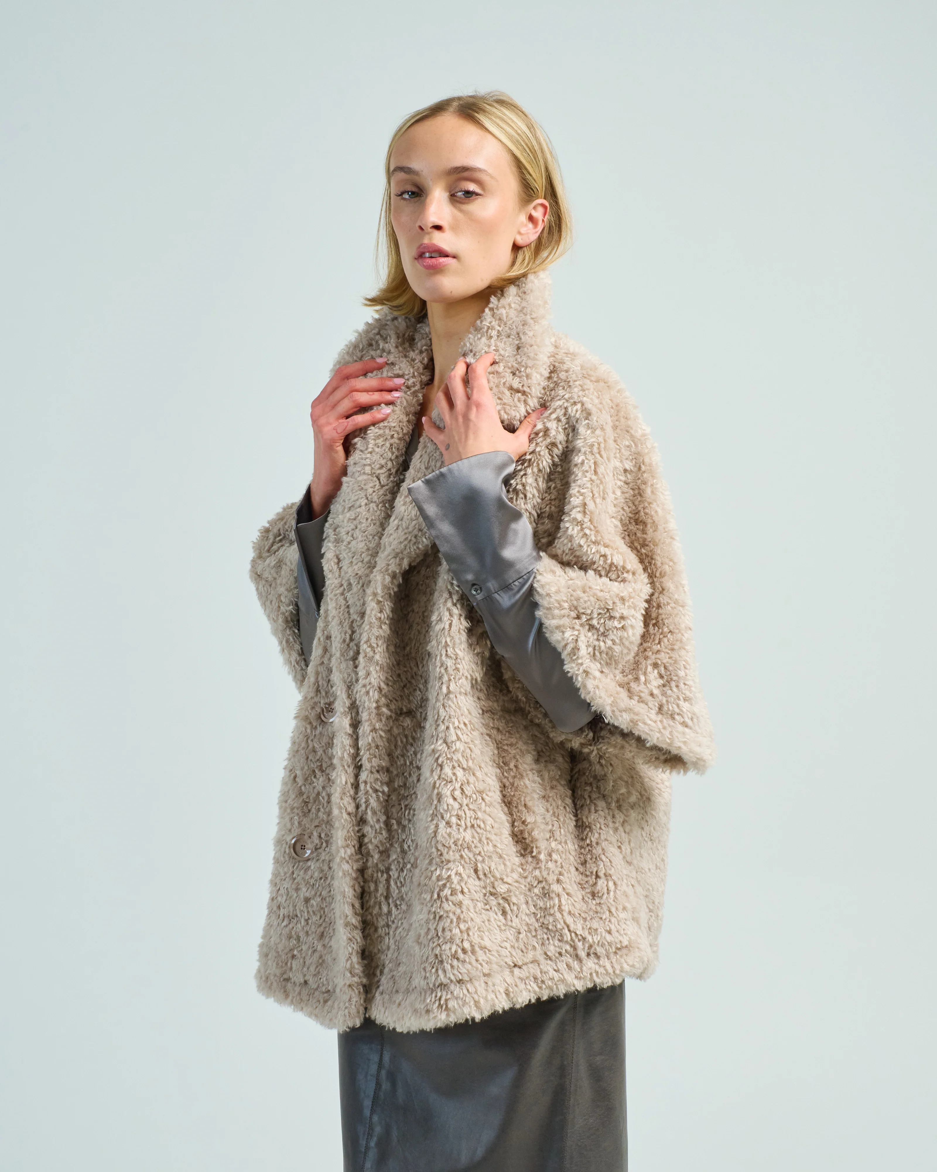 curly faux fur double breasted cape - Image 3