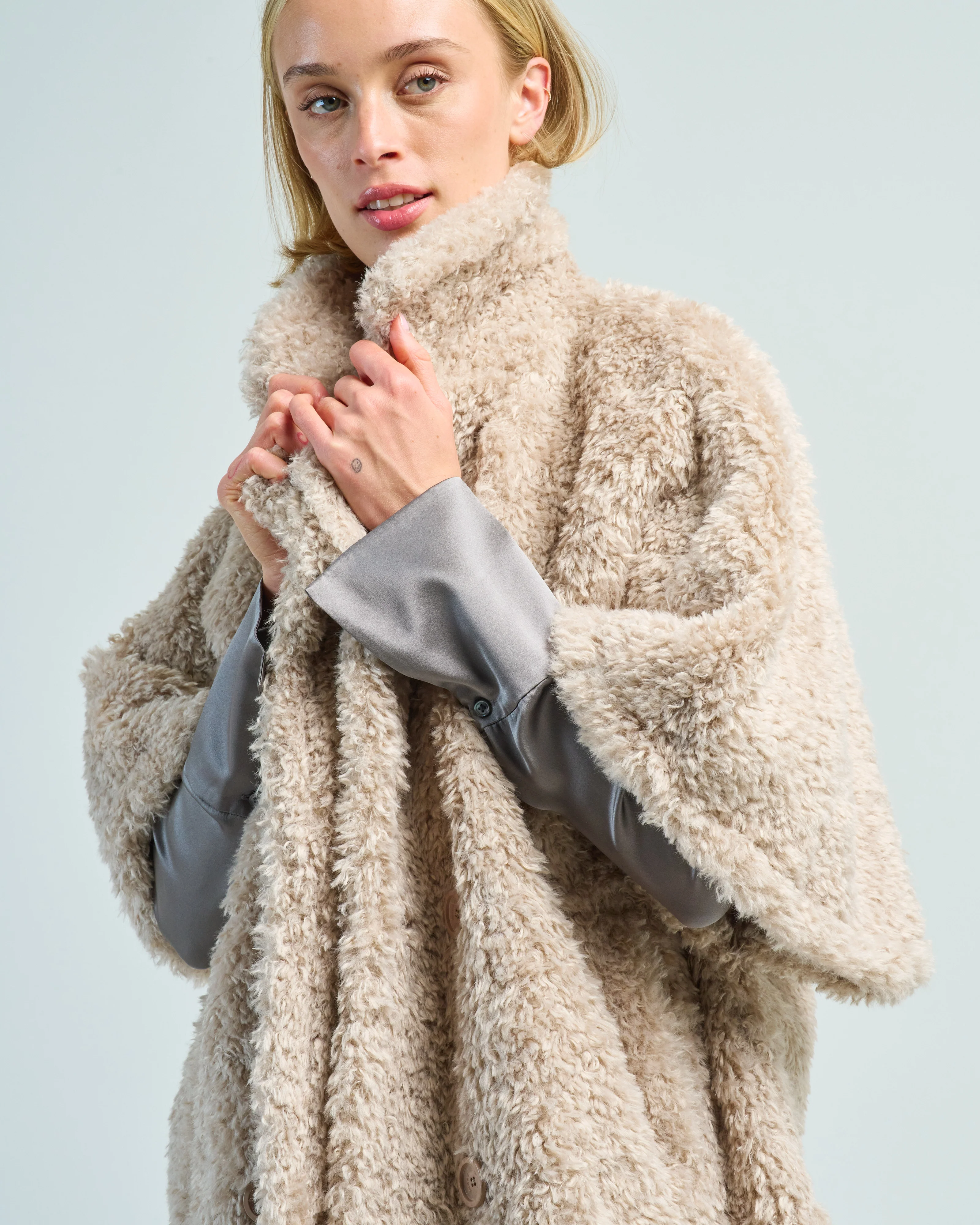 curly faux fur double breasted cape - Image 5