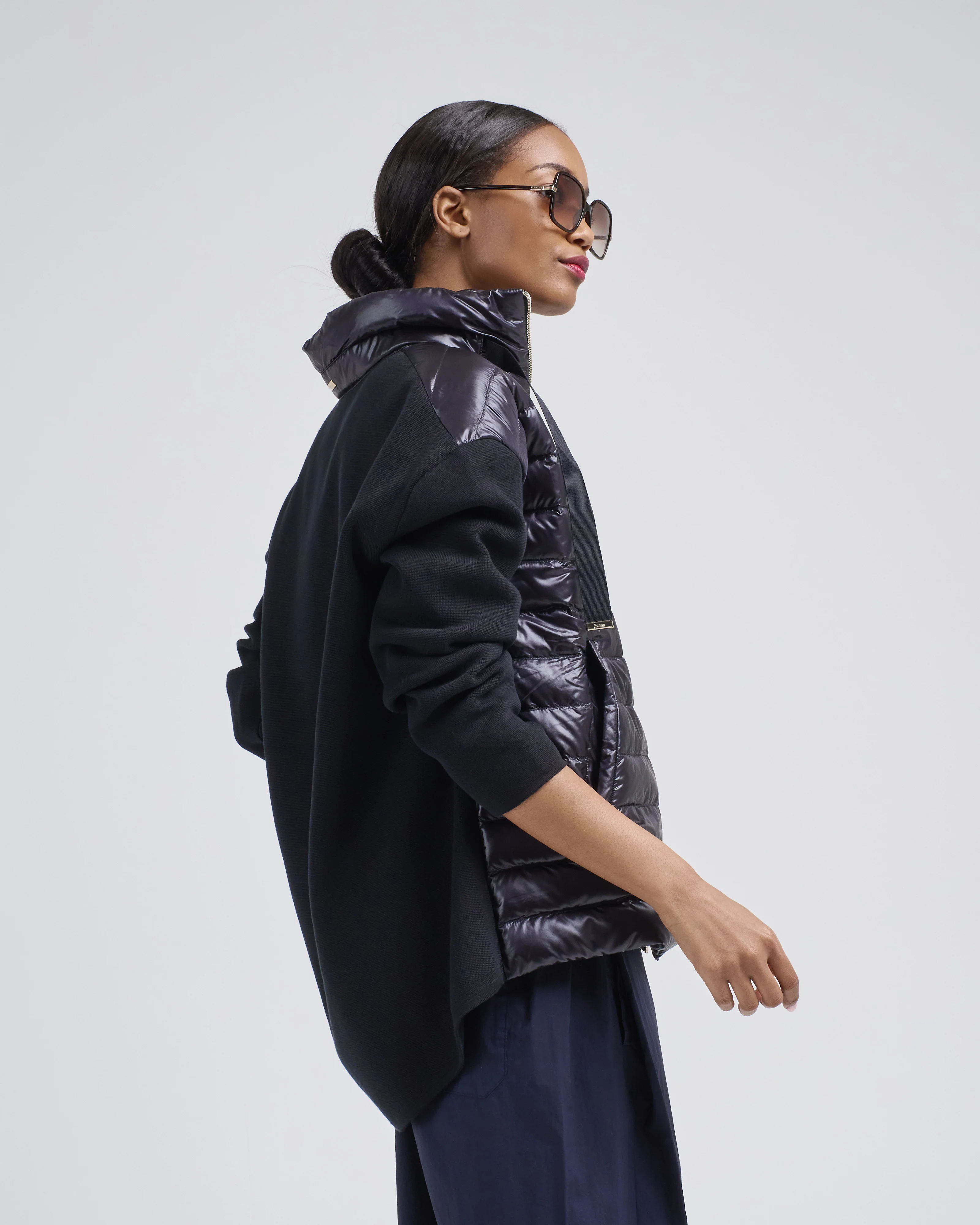 long jacket w/ shiny nylon front and knitted sleeves - Image 2
