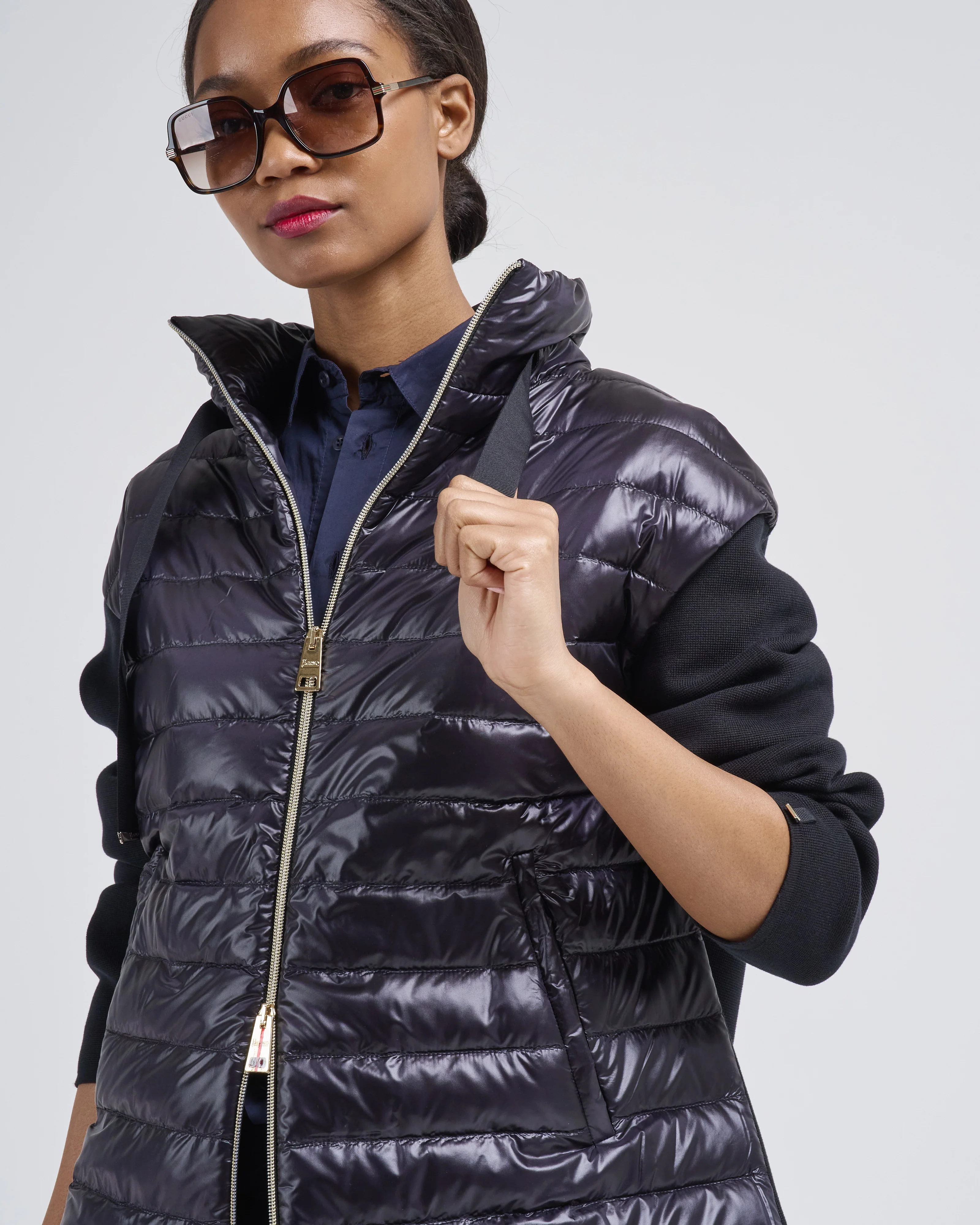 long jacket w/ shiny nylon front and knitted sleeves - Image 4