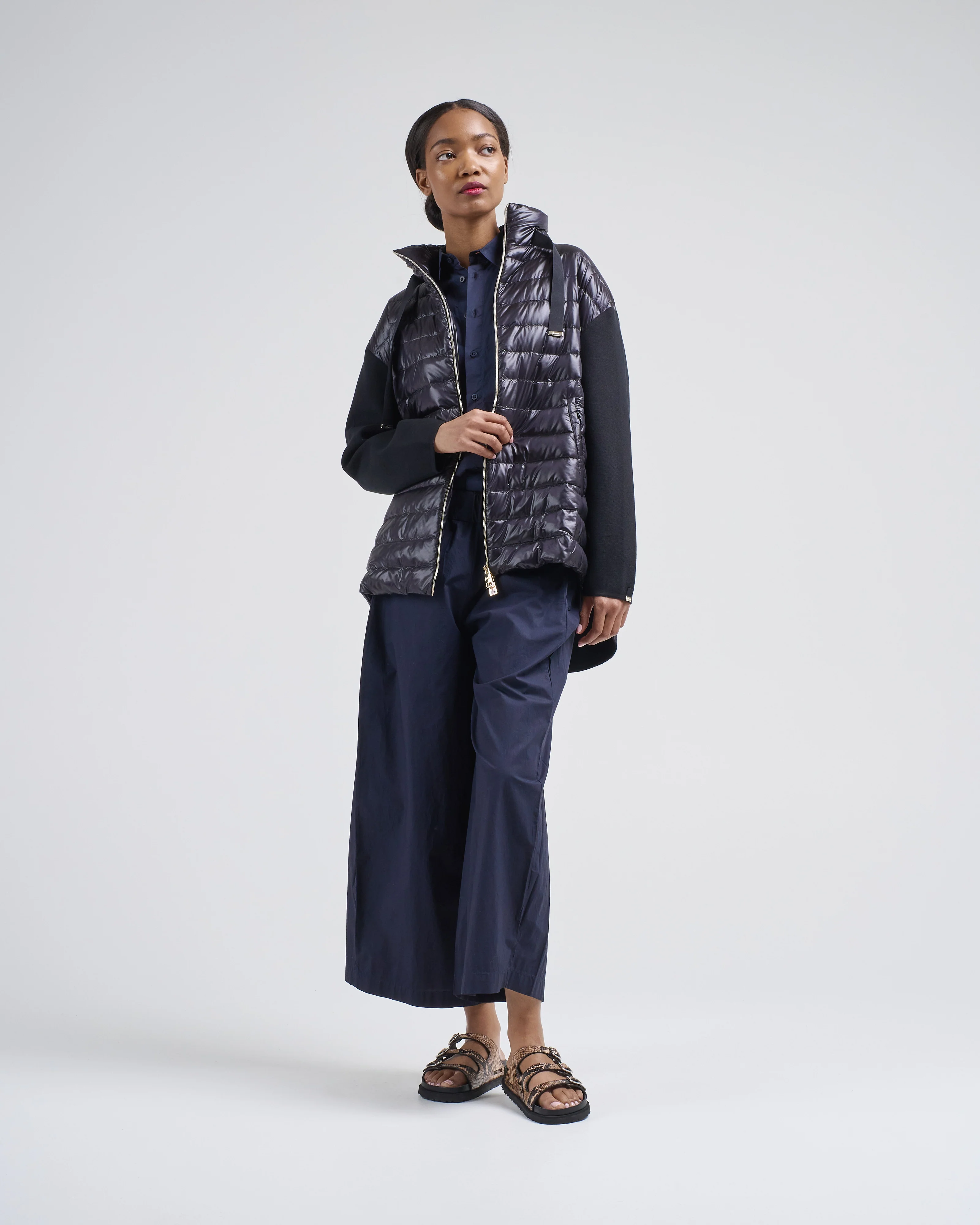 long jacket w/ shiny nylon front and knitted sleeves - Image 5