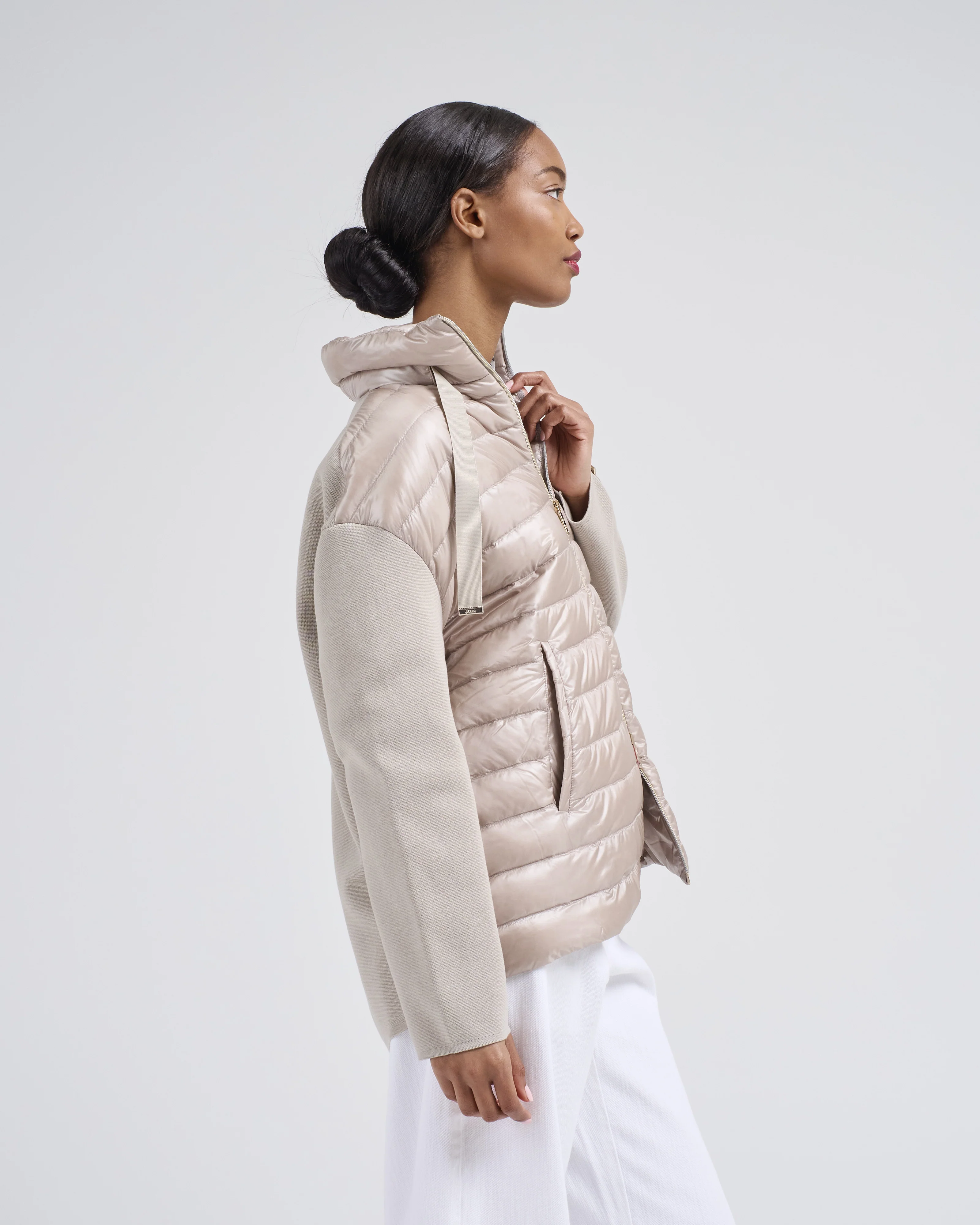 long jacket w/ shiny nylon front and knitted sleeves - Image 2