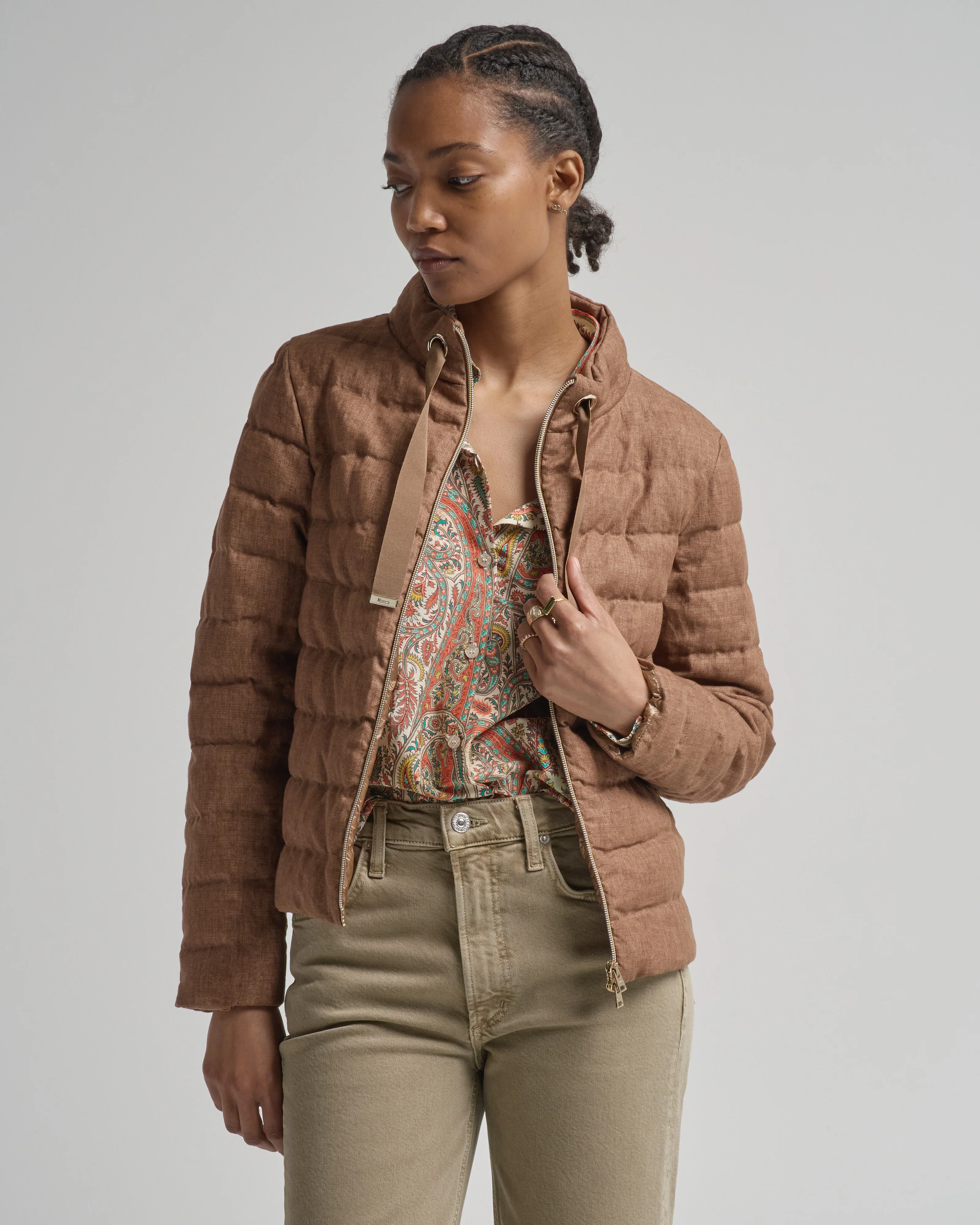 new linen quilted short jacket with tie detail - Image 2