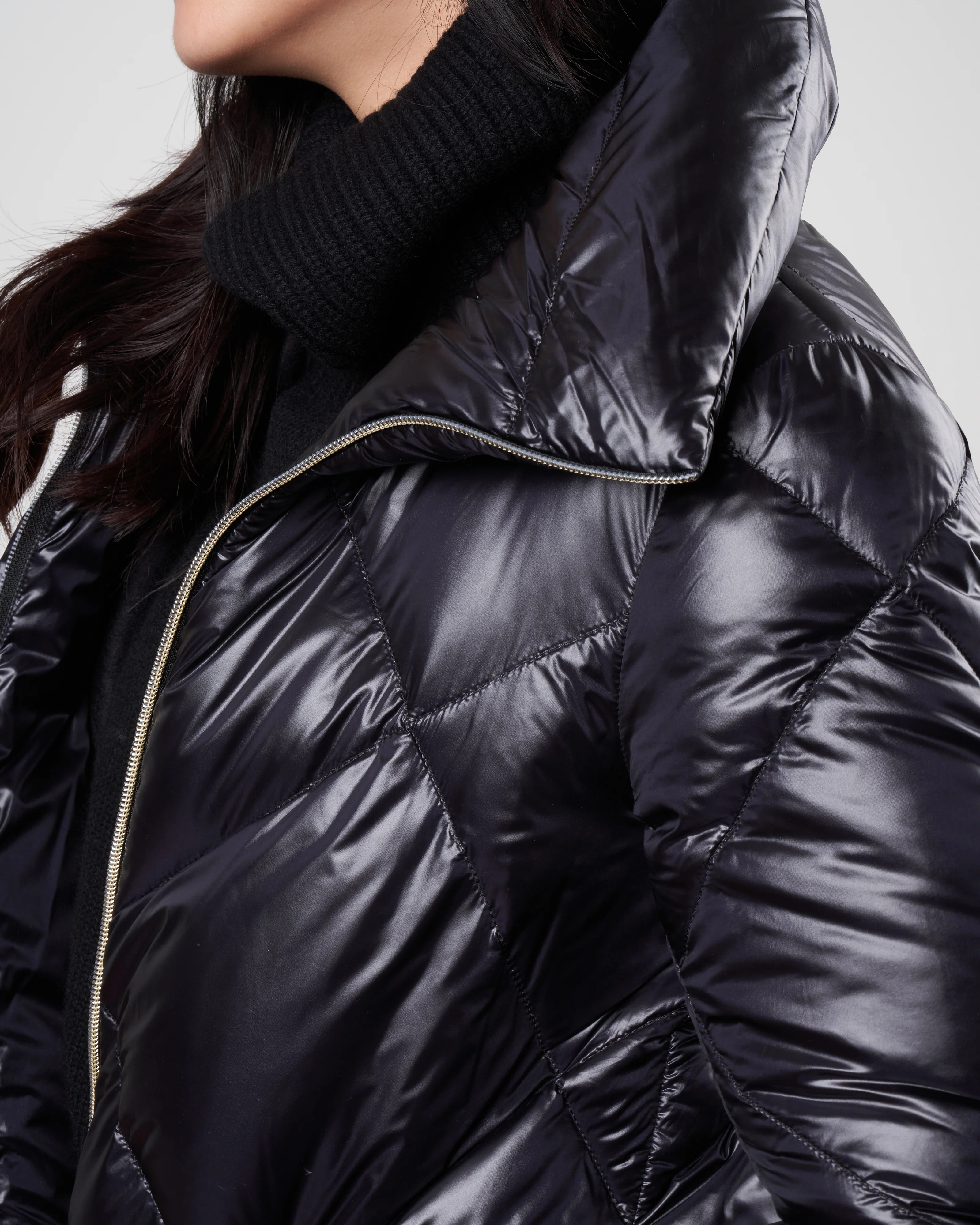 nylon ultralight diamond quilt a-line, hi-lo jacket - nero - Image 4