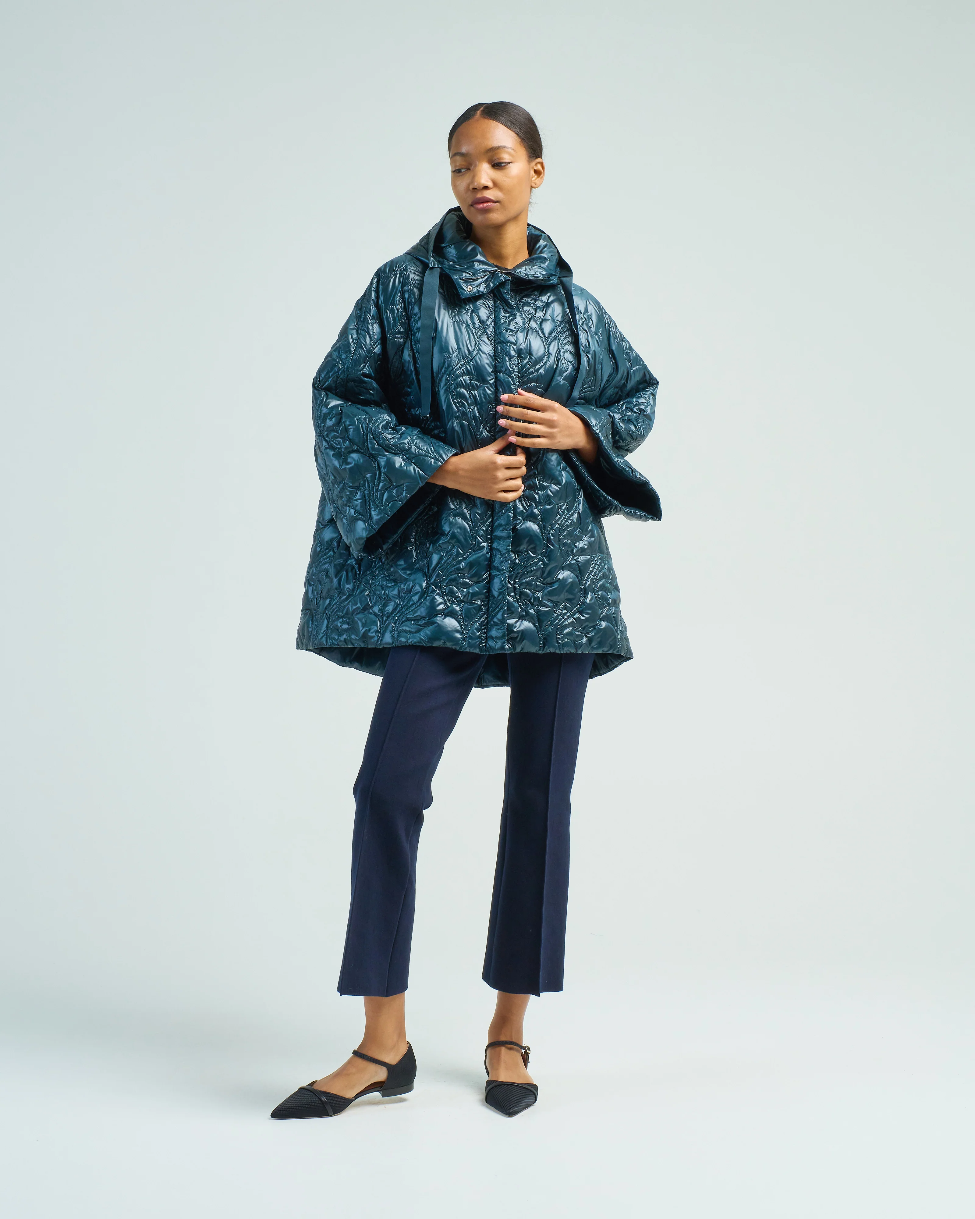 shiny nylon hooded jacket floral quilting - Image 2